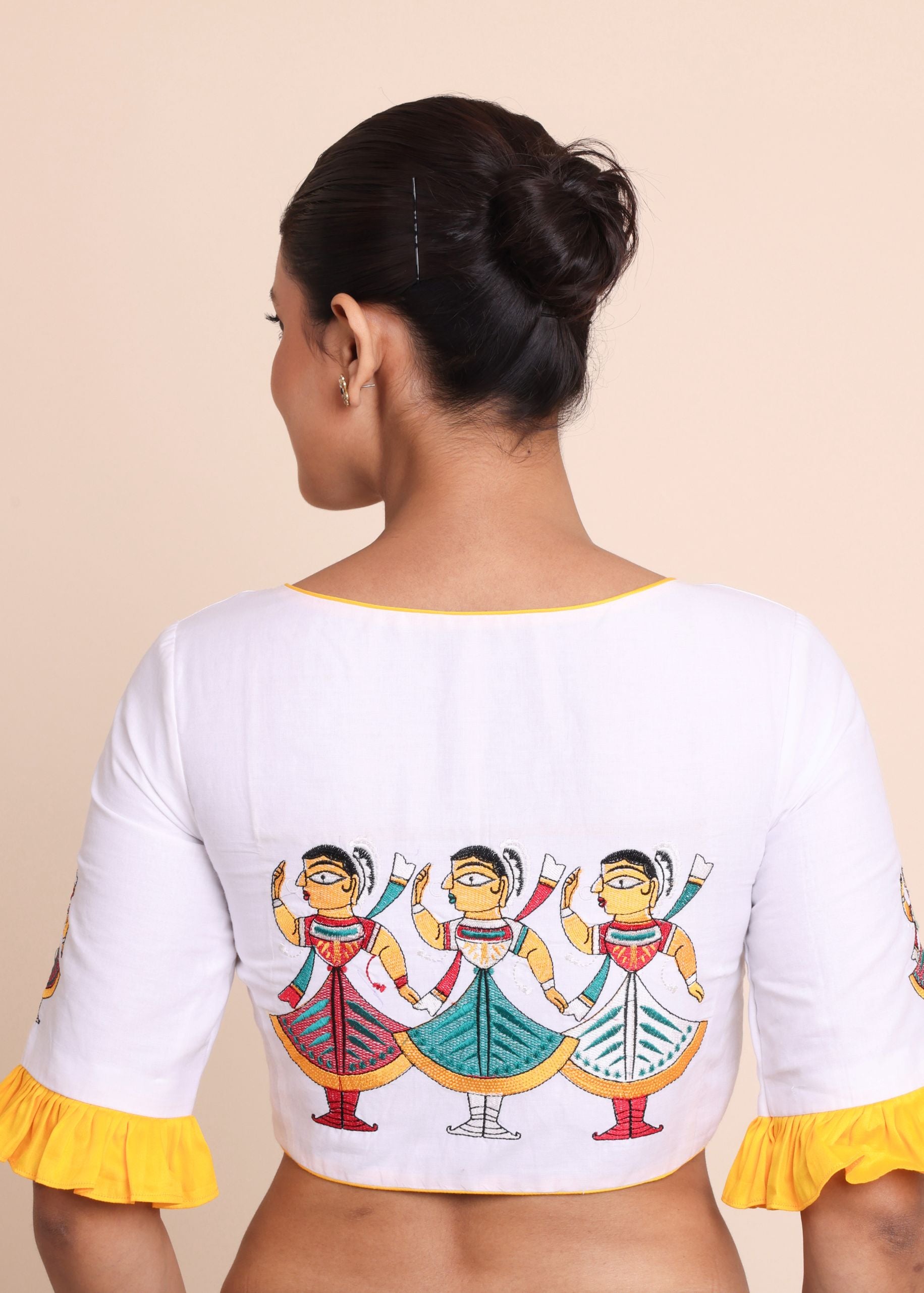 White and Yellow Cotton Blouse with Jamini Roy Applique Embroidered work back