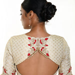 White brocade blouse — back view with elbow sleeves and embroidery