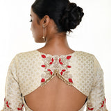 White brocade blouse — back view with elbow sleeves and embroidery
