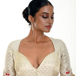 White brocade blouse — front view, Queen Anne neckline with hand embroidery