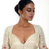 White brocade blouse — front view, Queen Anne neckline with hand embroidery