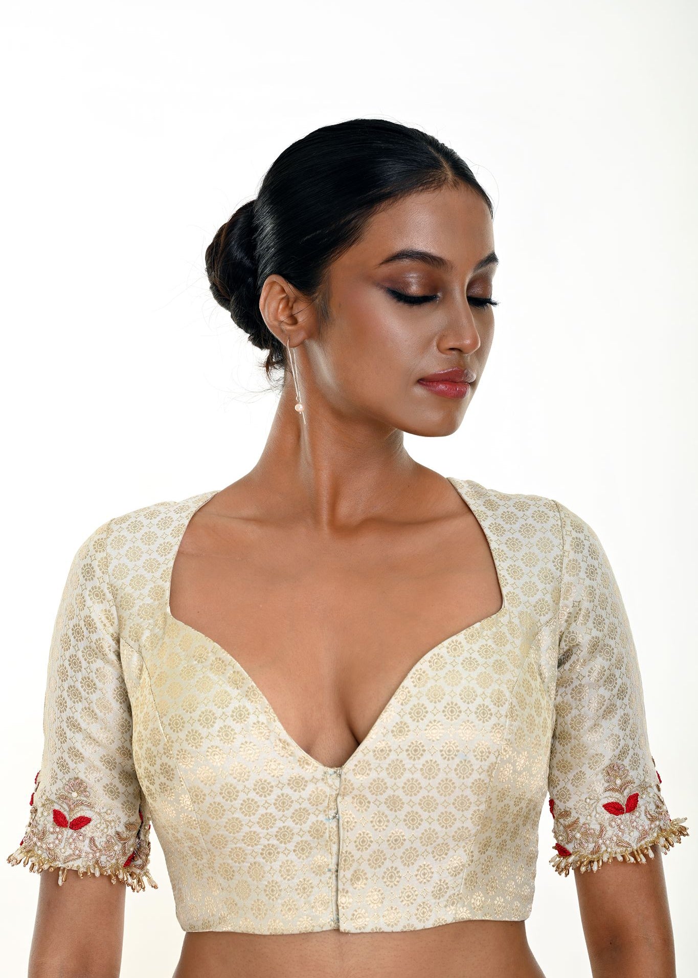 White brocade blouse — front view, Queen Anne neckline with hand embroidery