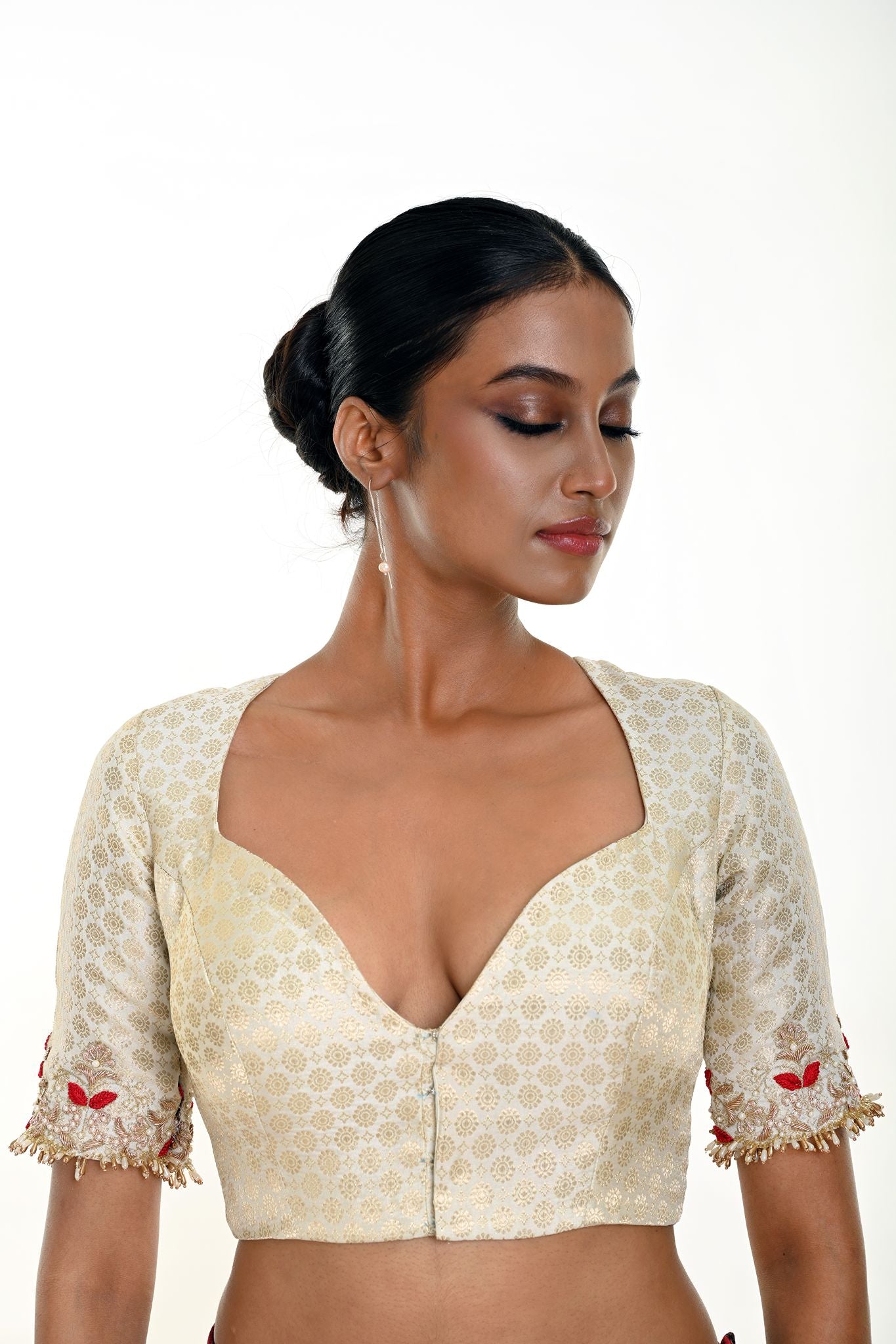 White brocade blouse — front view, Queen Anne neckline with hand embroidery