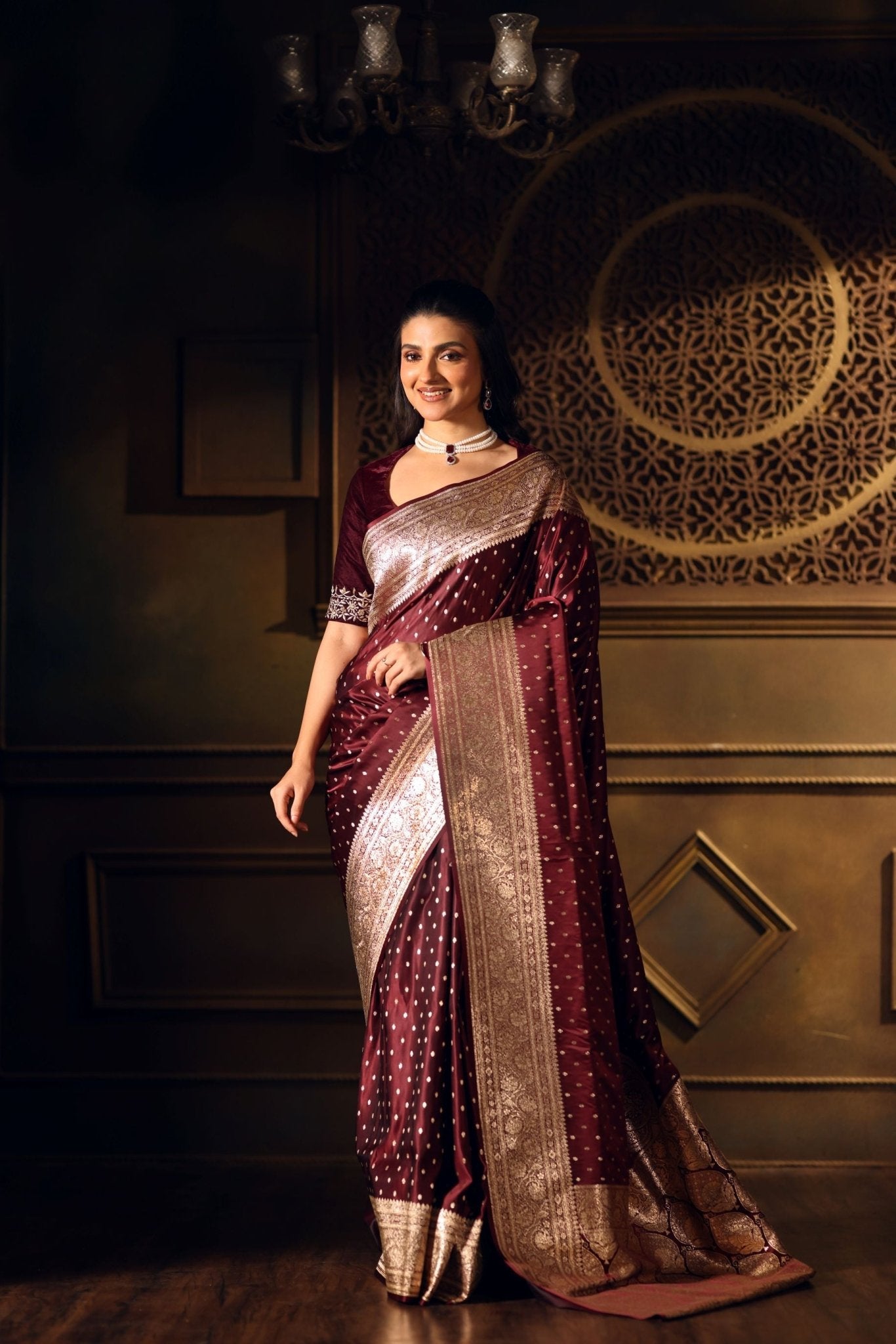 Wine Color Bridal Banarasi Saree - Anvi Couture