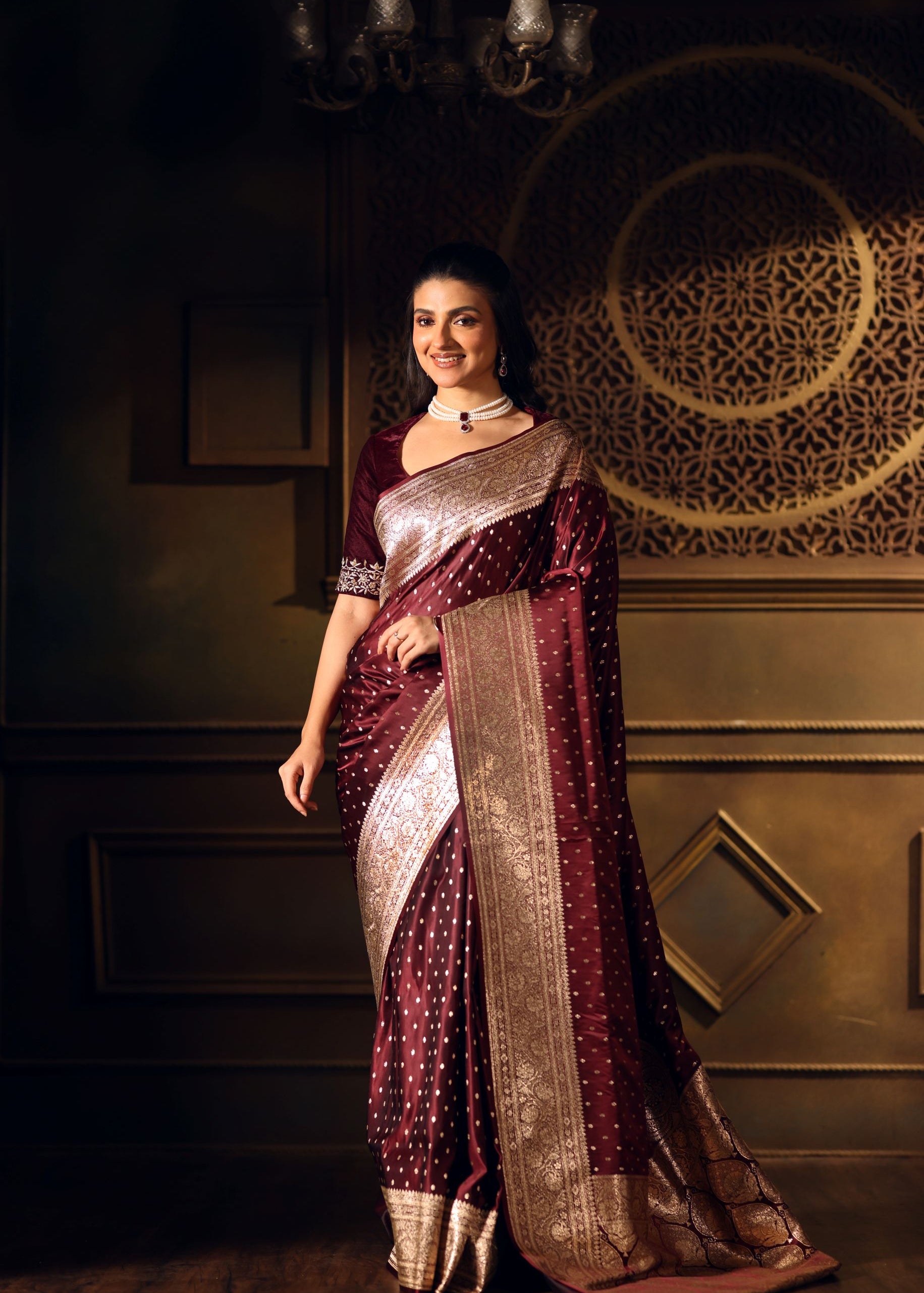 Wine Color Bridal Banarasi Saree full