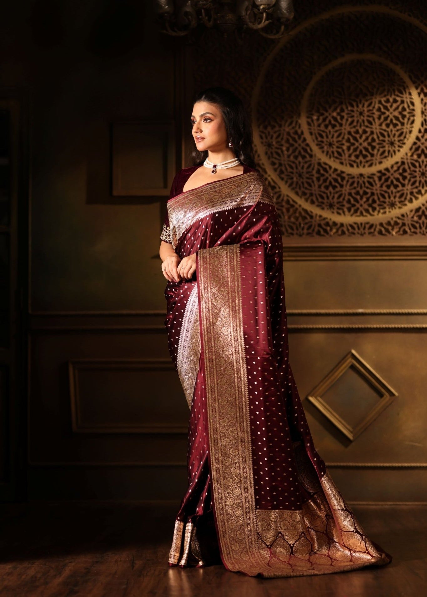 Wine Color Bridal Banarasi Saree - Anvi Couture
