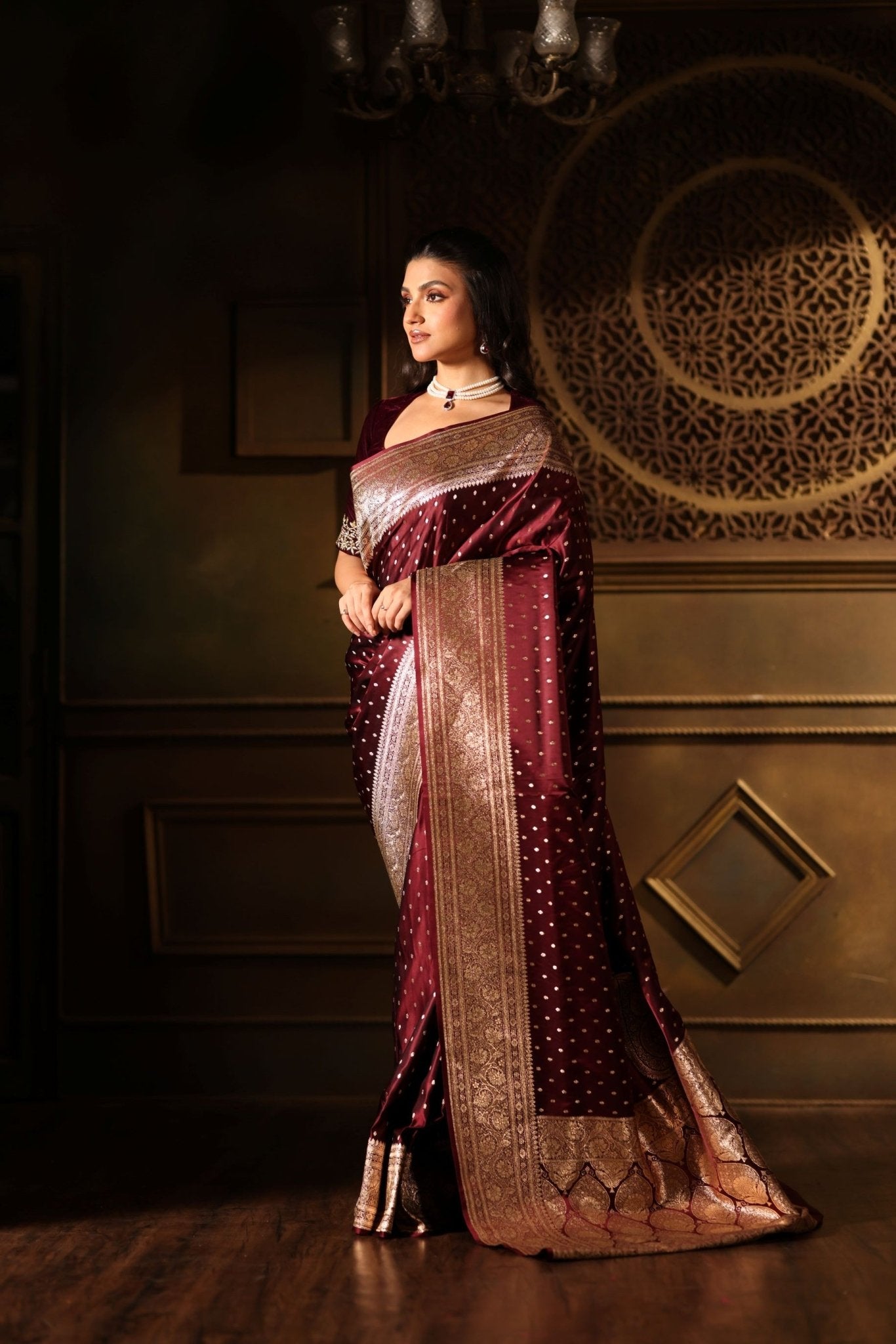 Wine Color Bridal Banarasi Saree - Anvi Couture