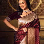 Wine Color Bridal Banarasi Saree - Anvi Couture