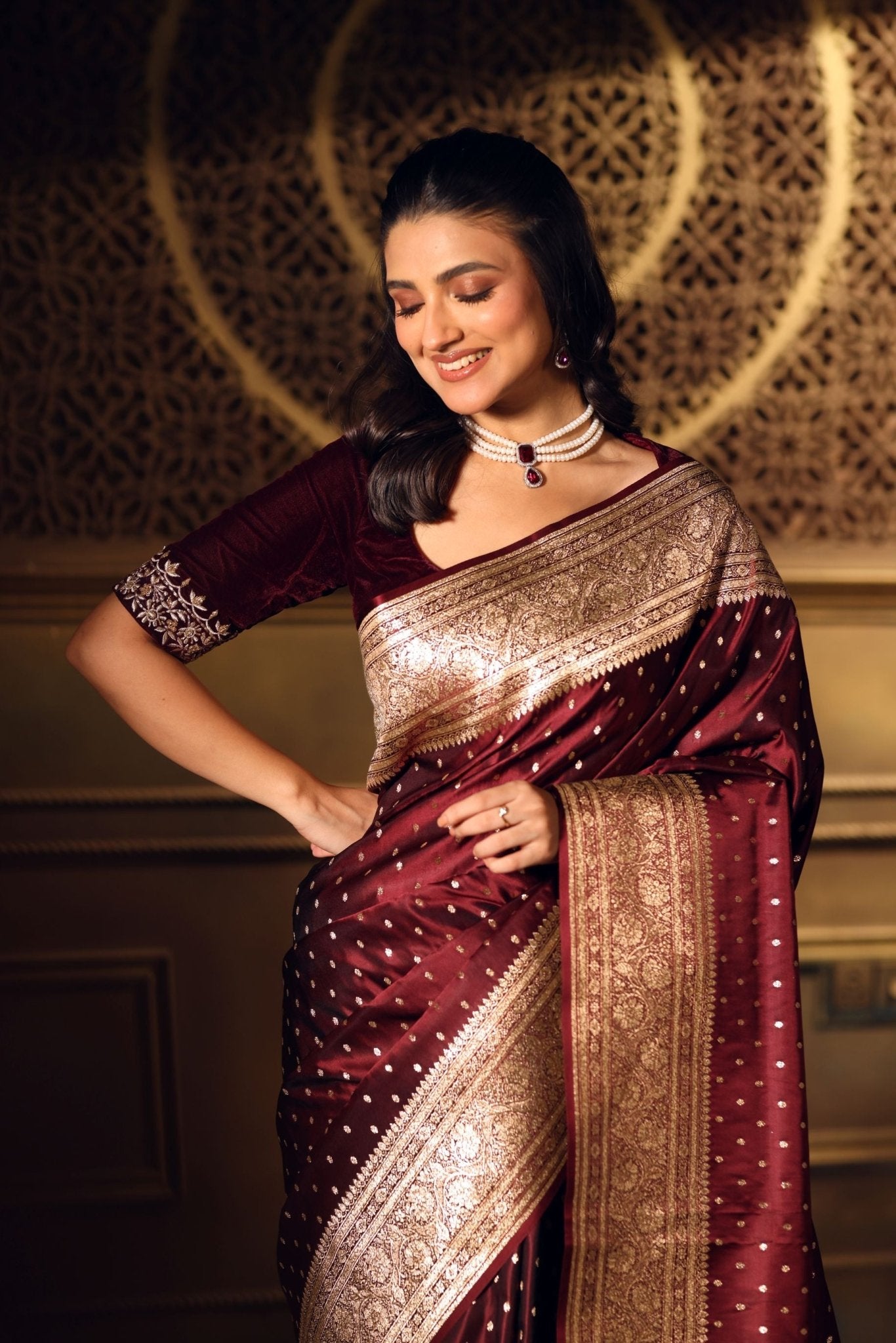 Wine Color Bridal Banarasi Saree - Anvi Couture