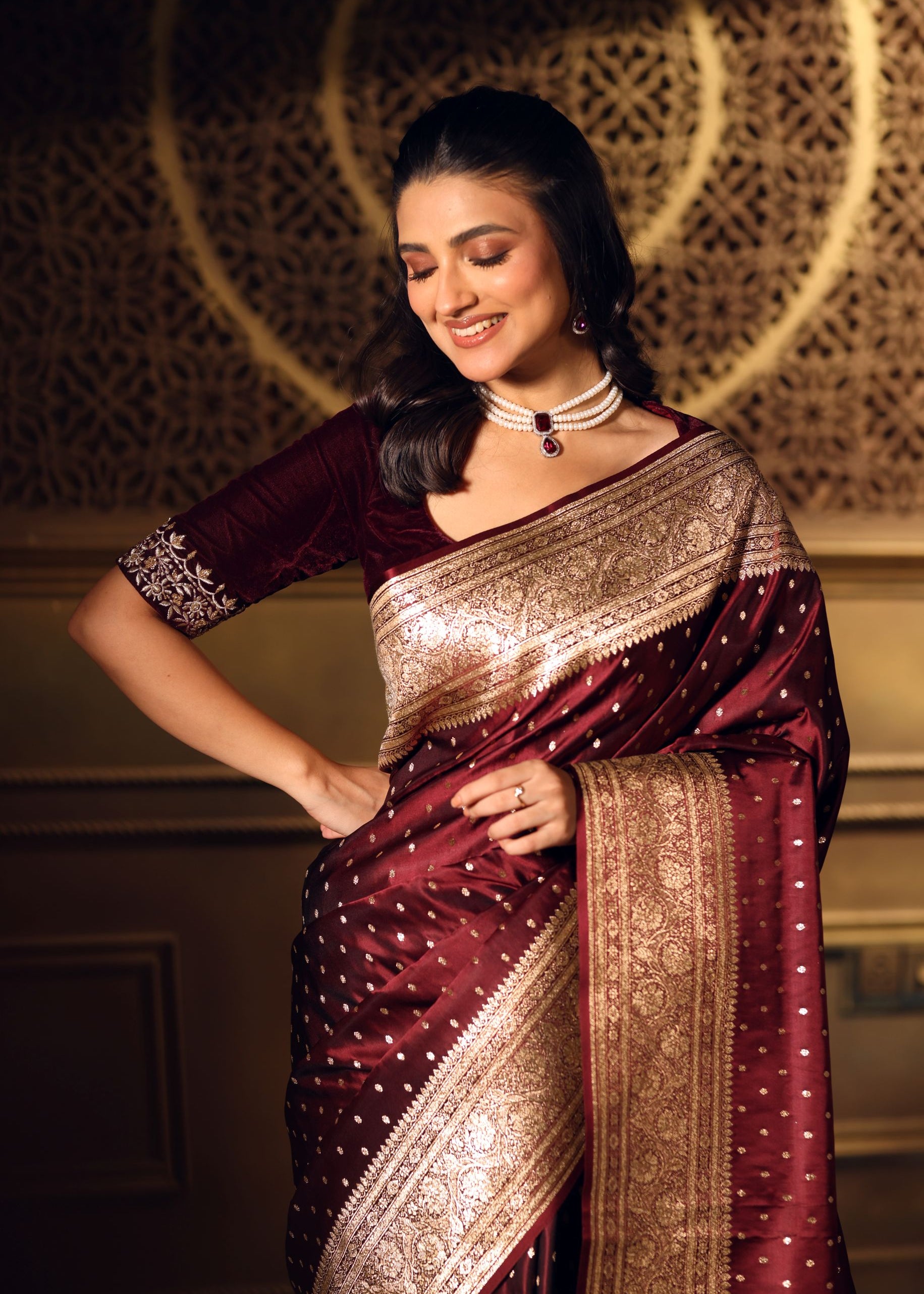 Wine Color Bridal Banarasi Saree close up