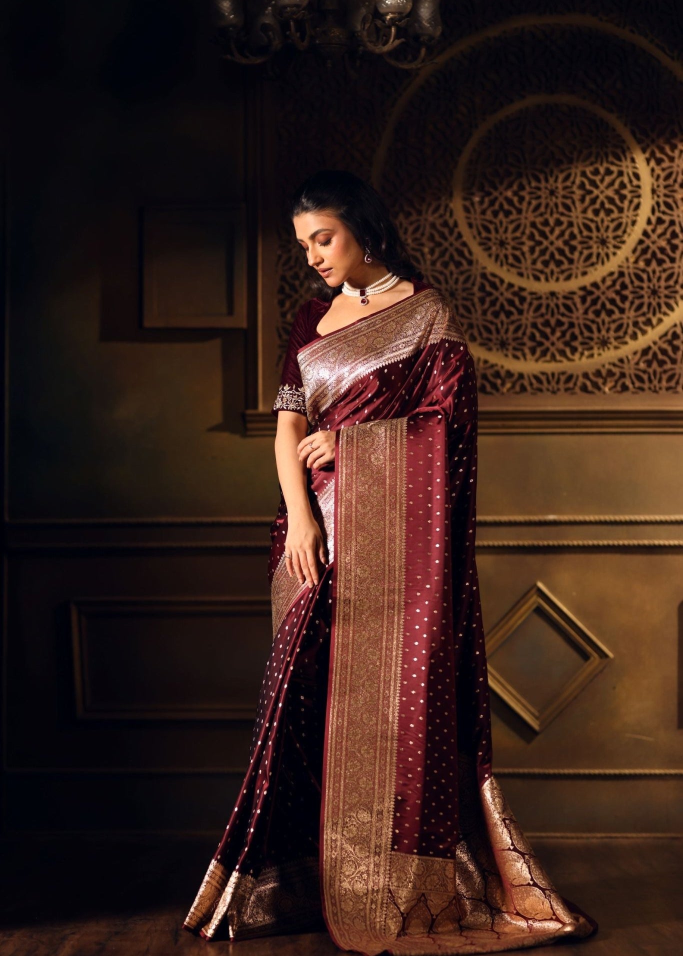 Wine Color Bridal Banarasi Saree - Anvi Couture