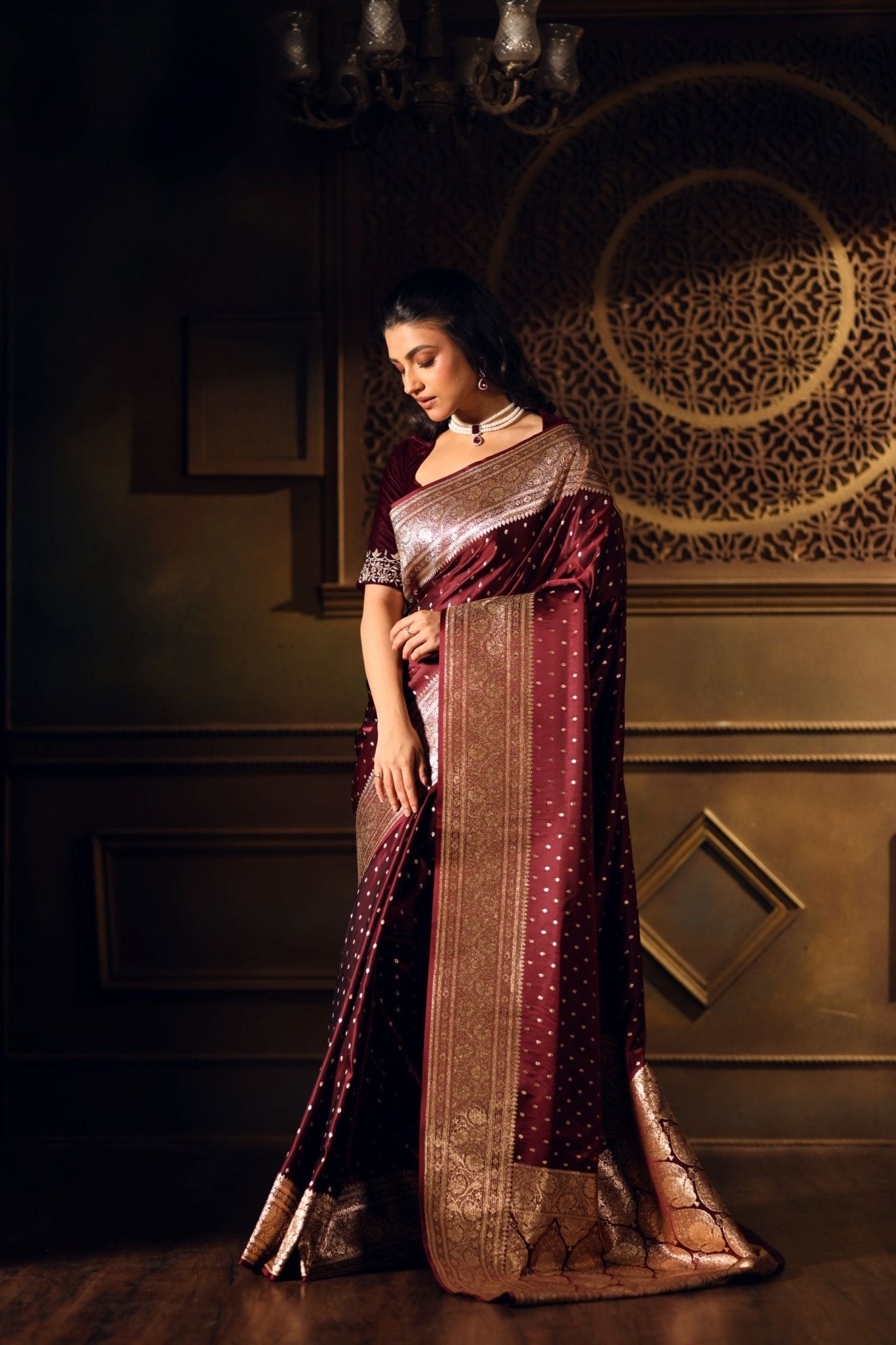 Wine Color Bridal Banarasi Saree - Anvi Couture
