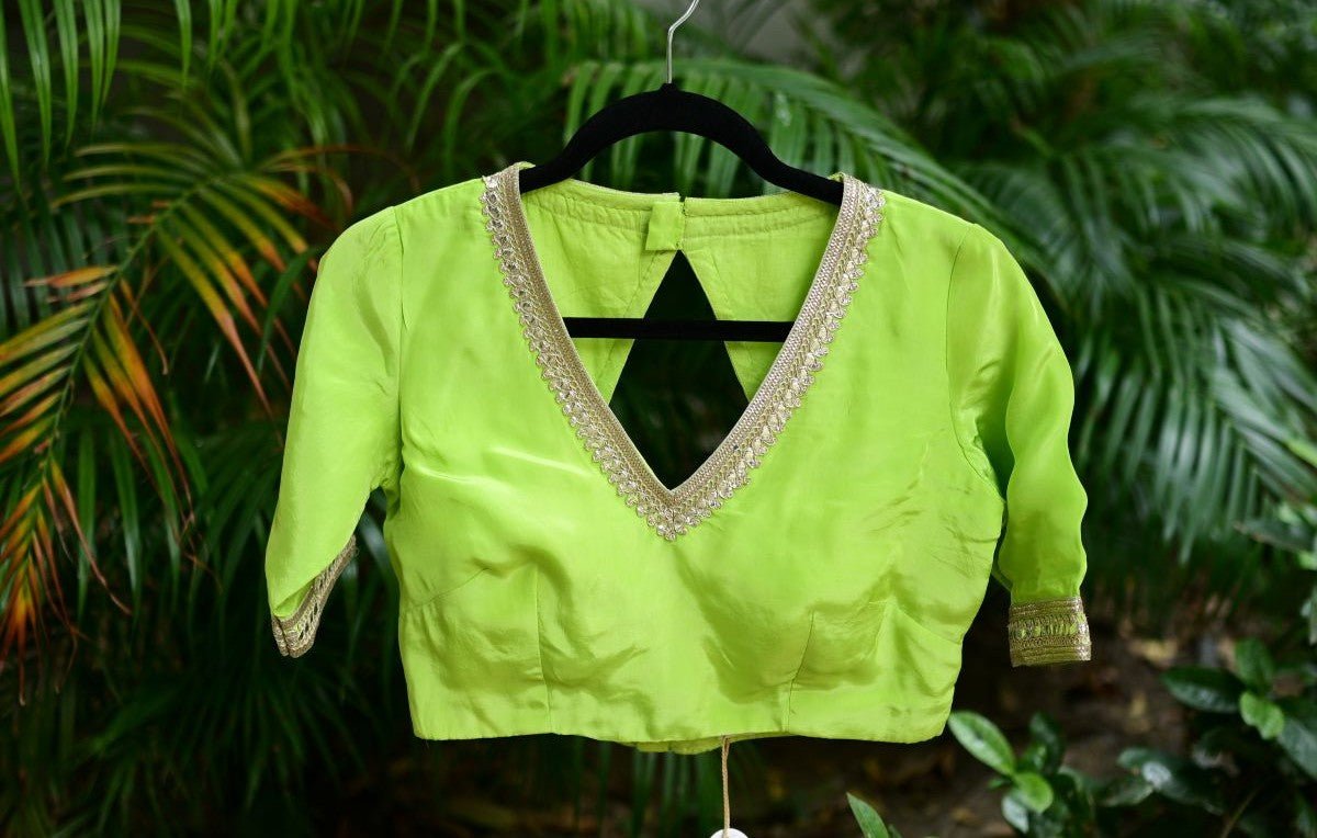 Mint Green Blouse with V Neckline and Embroidered Back Cutout and Half Sleeves - Anvi Couture