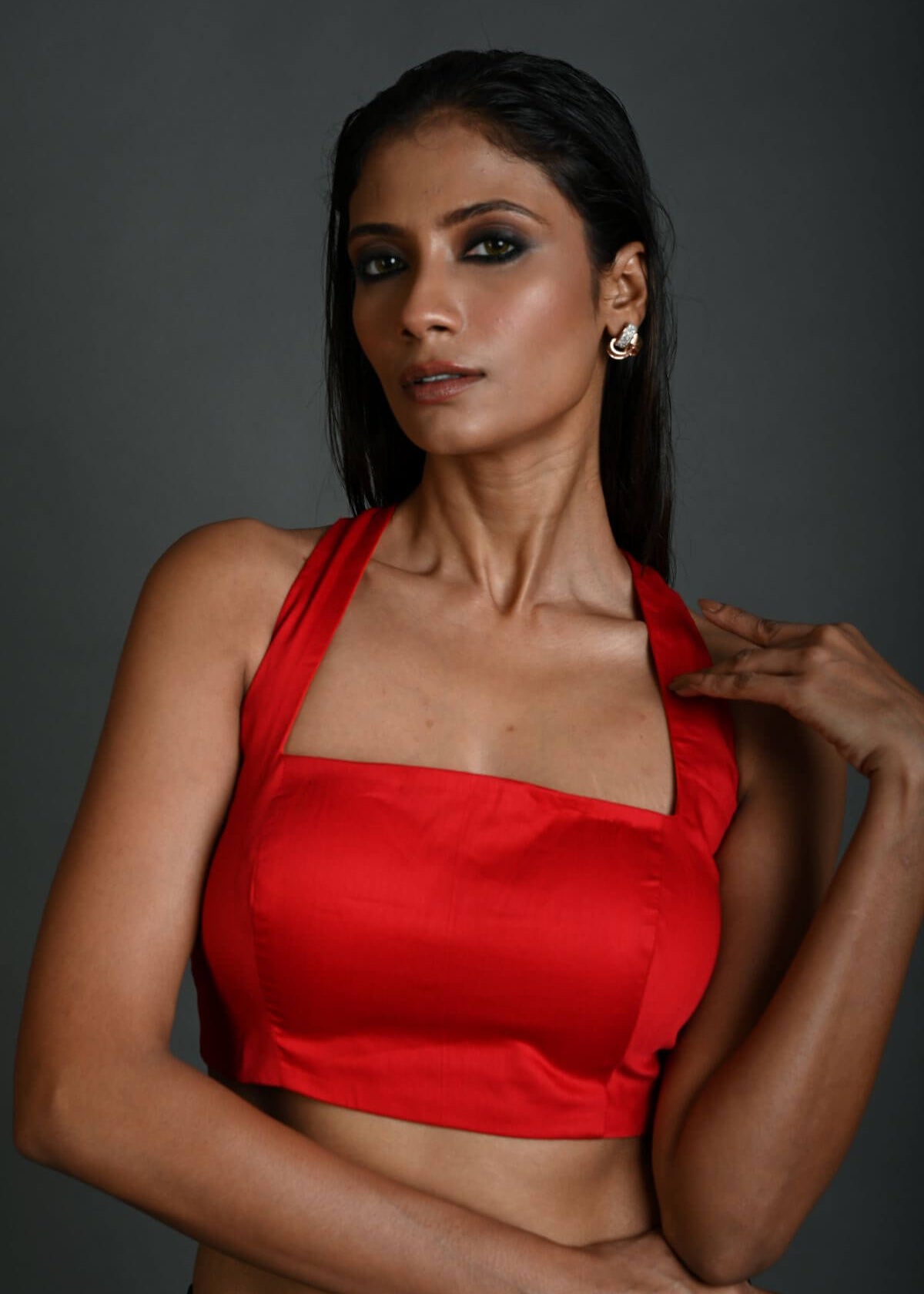 Women's Sleeveless Red Cotton Halter Neck Blouse