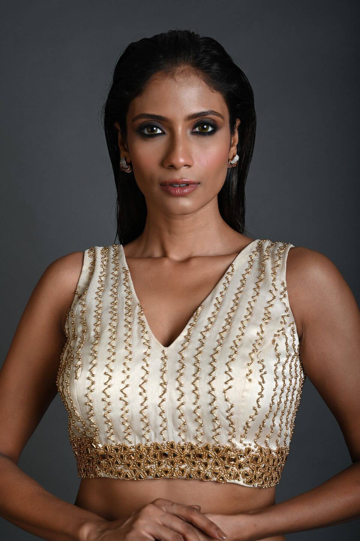 Women's White V-Neck Silk Blouse, Hand Embroidered, Luxury
