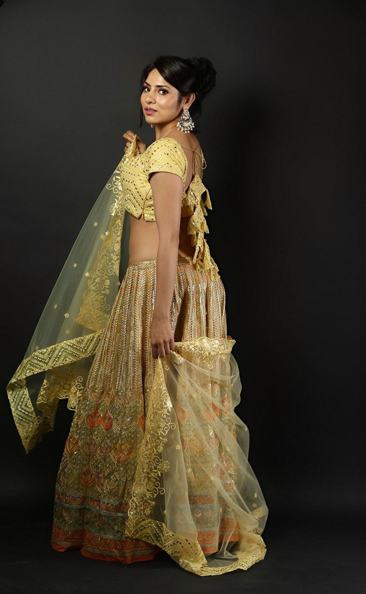 Designer Yellow Embroidered Lehenga Set with Mirror Work Top - Anvi Couture