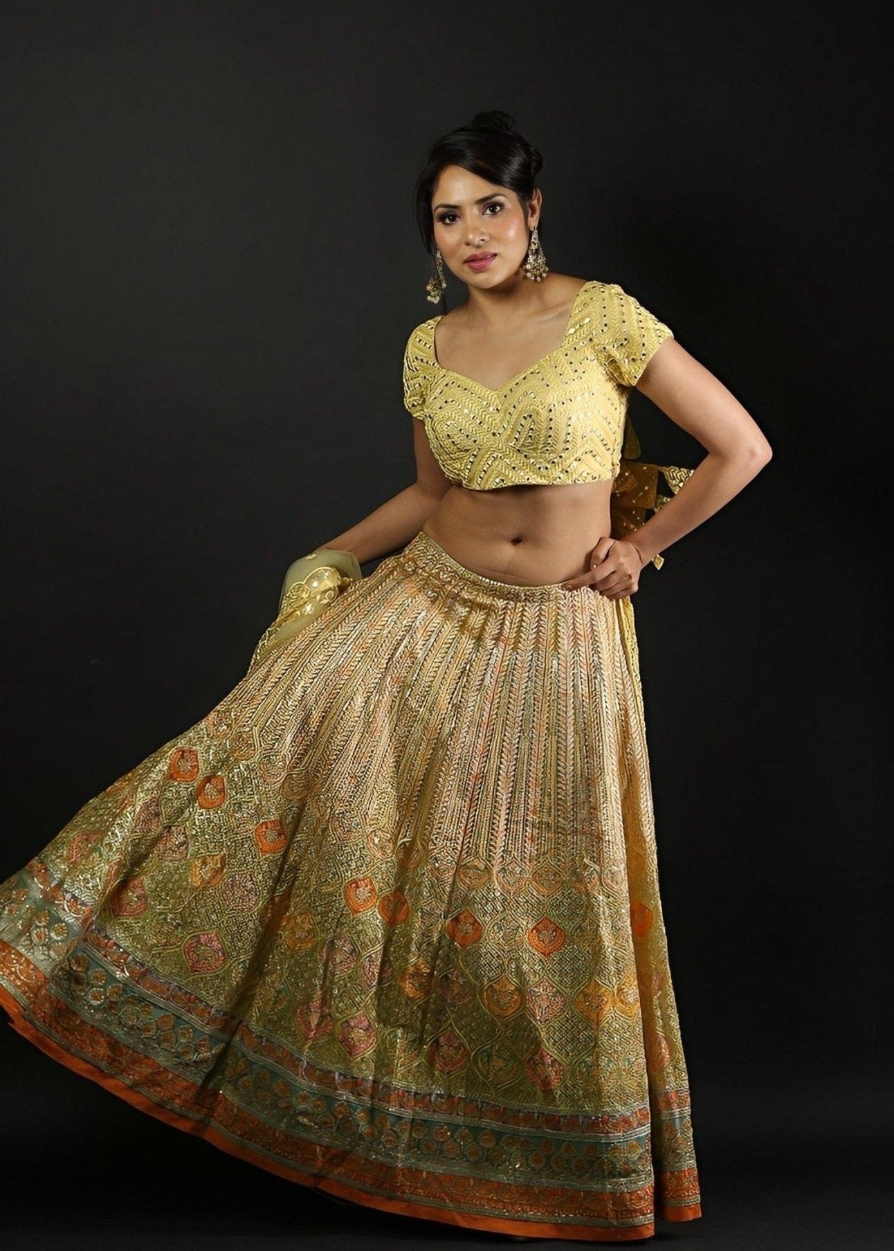 Designer Yellow Embroidered Lehenga Set with Mirror Work Top - Anvi Couture- Image 4