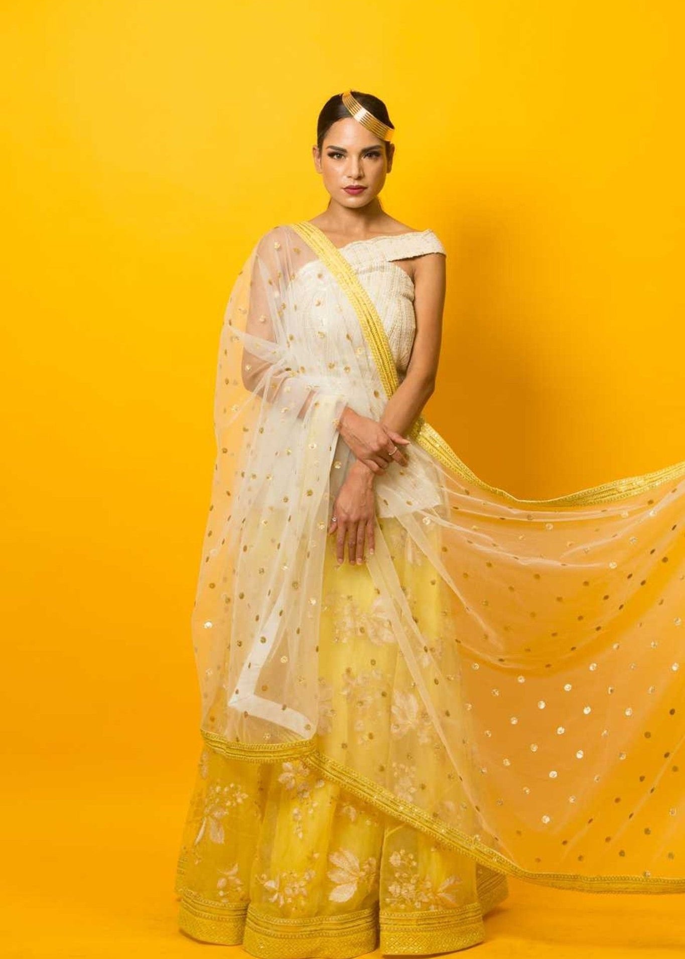 Yellow Floral Embroidery Lehenga Set in Fusion Style - Anvi Couture