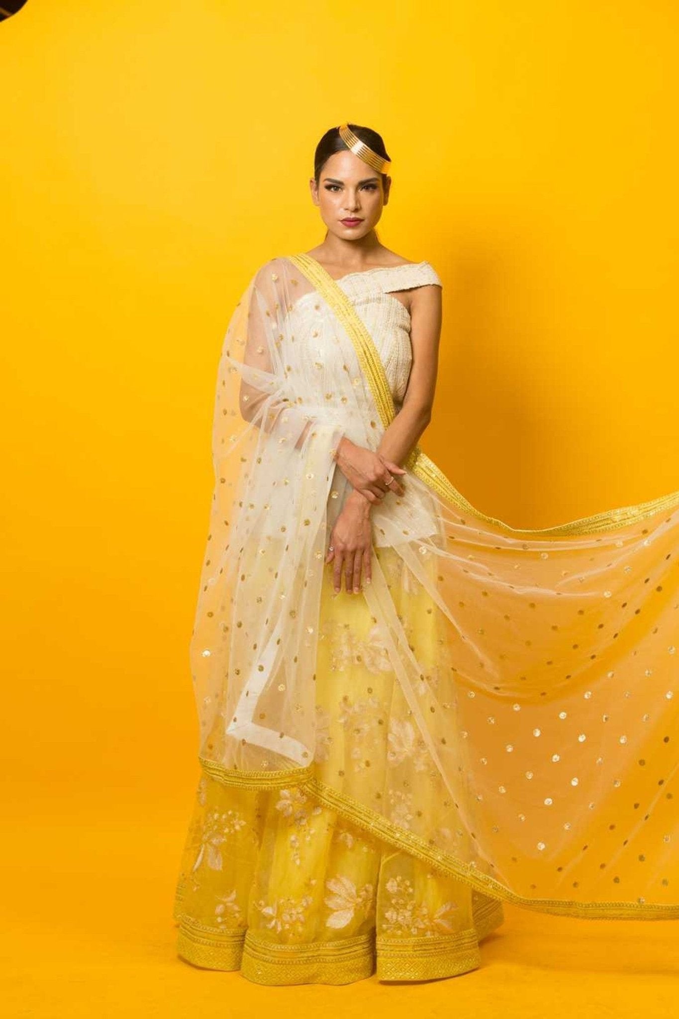 Yellow Floral Embroidery Lehenga Set in Fusion Style - Anvi Couture