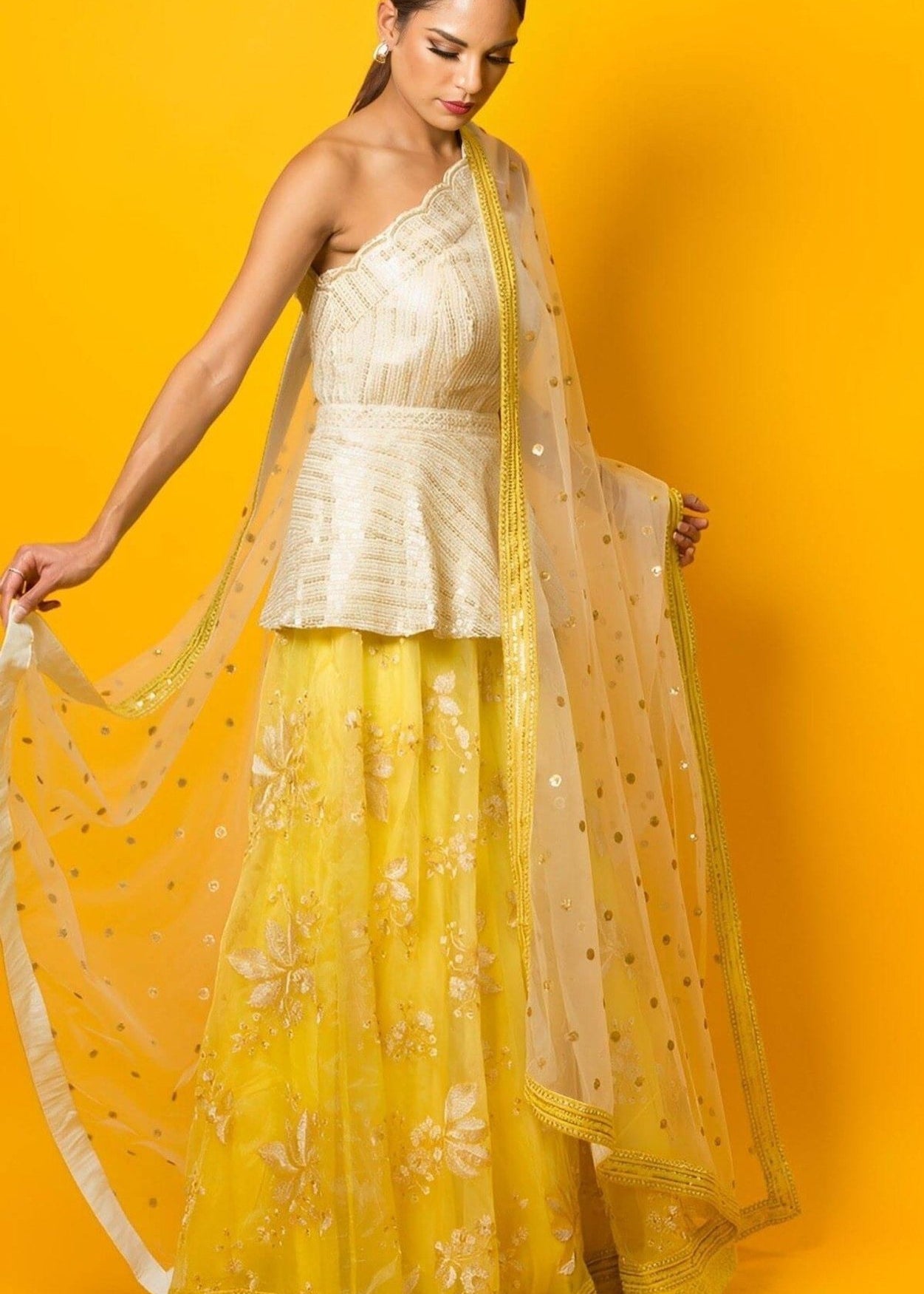 Yellow Floral Embroidery Lehenga Set in Fusion Style - Anvi Couture