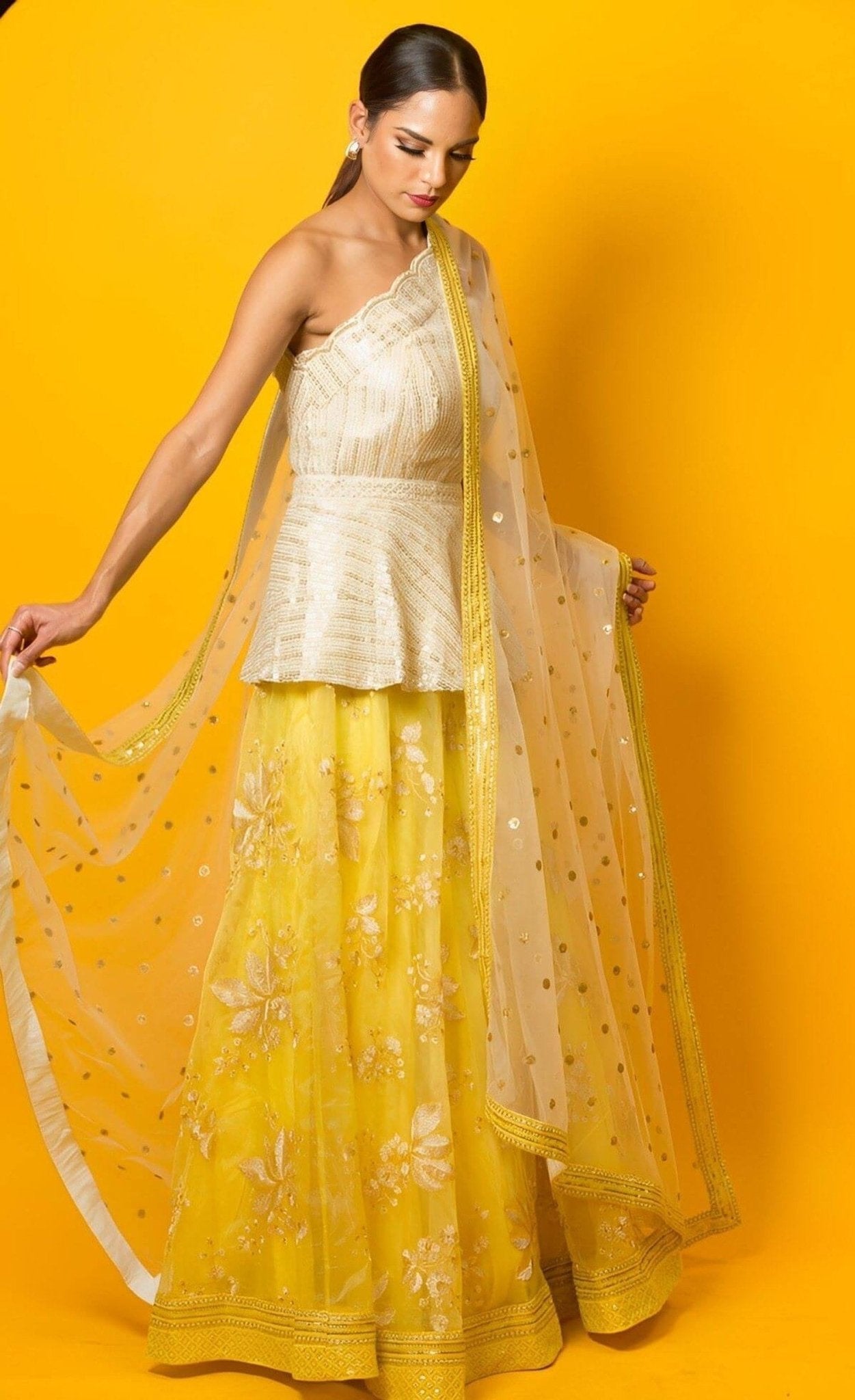 Yellow Floral Embroidery Lehenga Set in Fusion Style - Anvi Couture