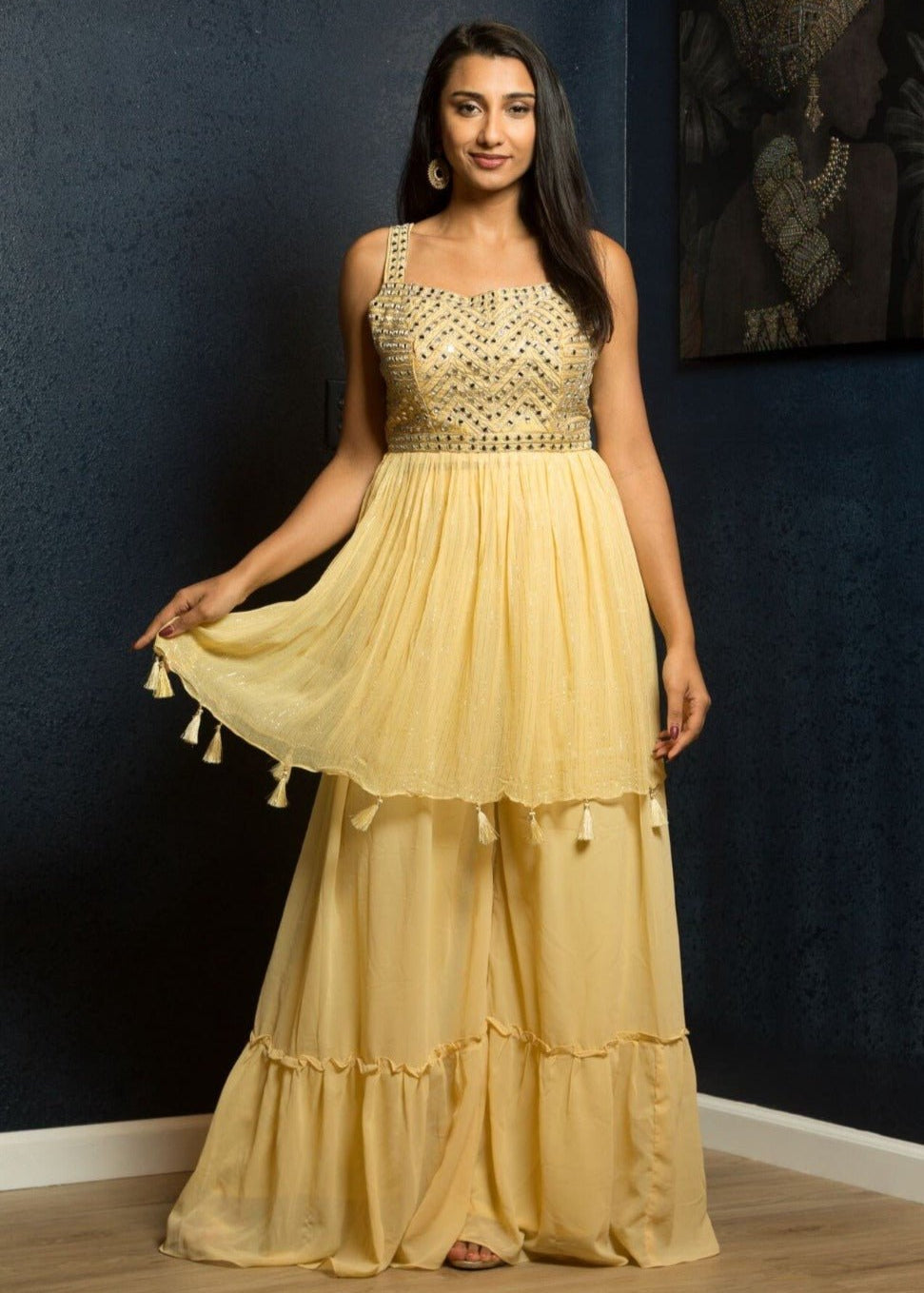 Yellow Mirrorwork Georgette Sharara Set - Anvi Couture