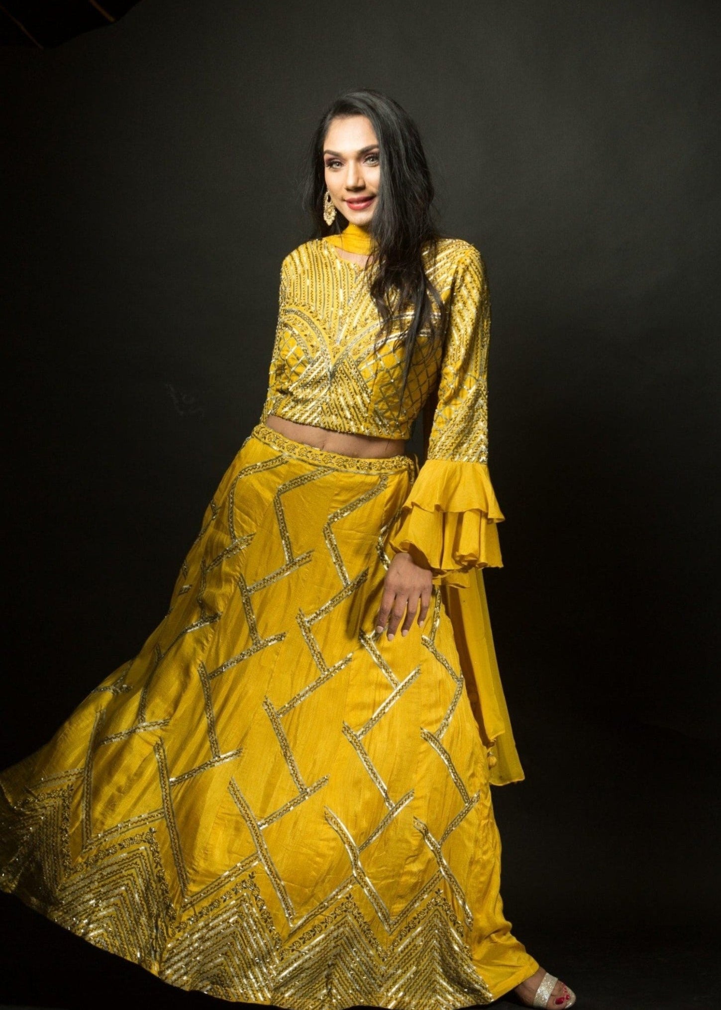 Yellow Lehenga Choli with Cut Dana Embroidery Work - Anvi Couture