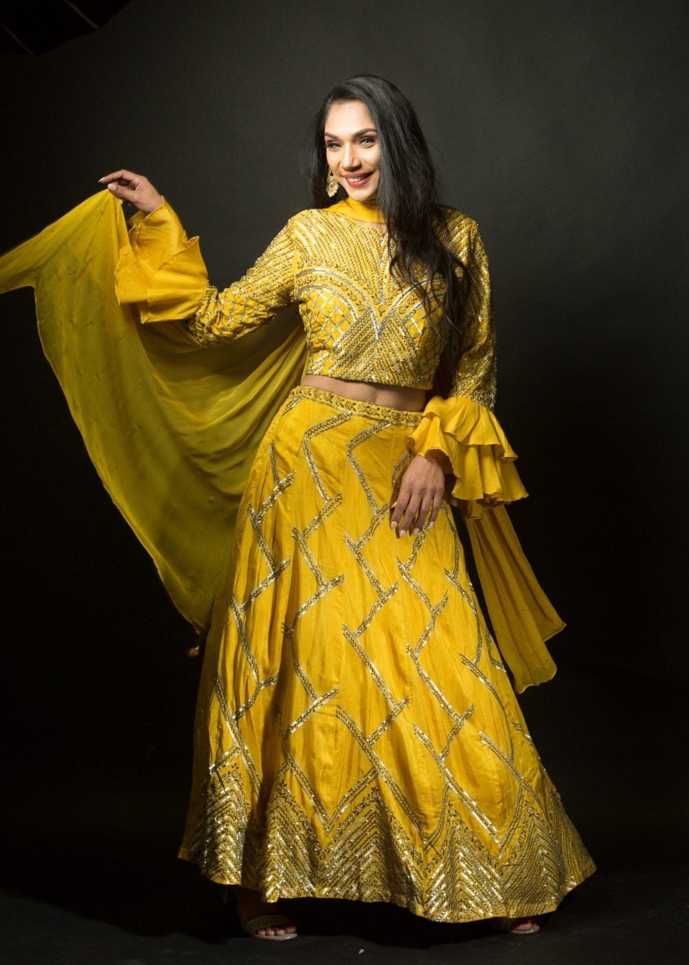 Yellow Lehenga Choli with Cut Dana Embroidery Work - Anvi Couture