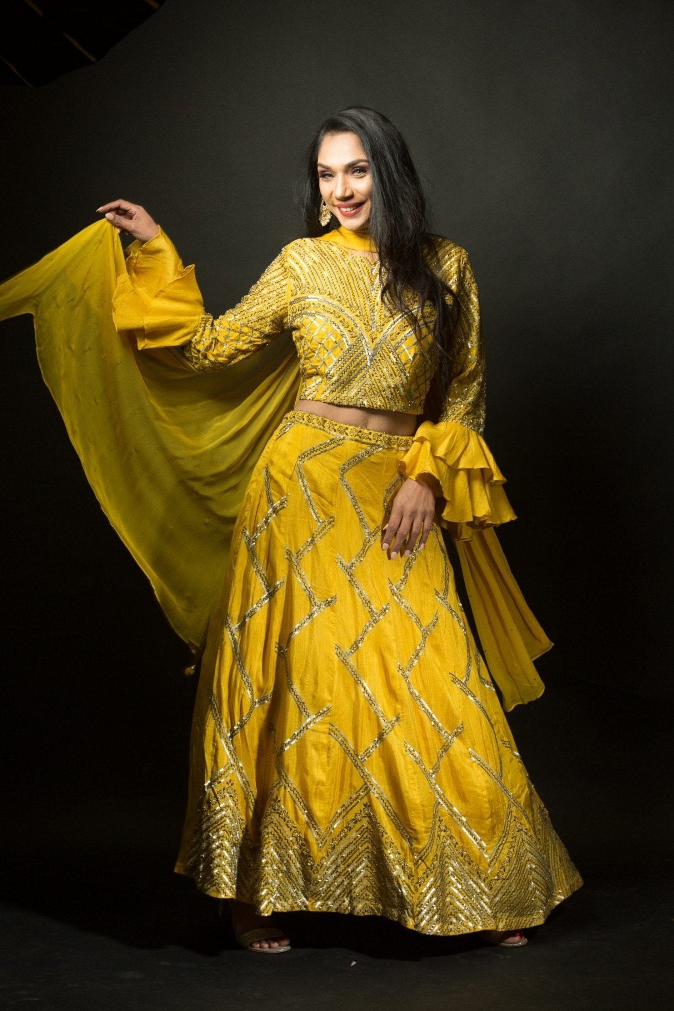 Yellow Lehenga Choli with Cut Dana Embroidery Work - Anvi Couture