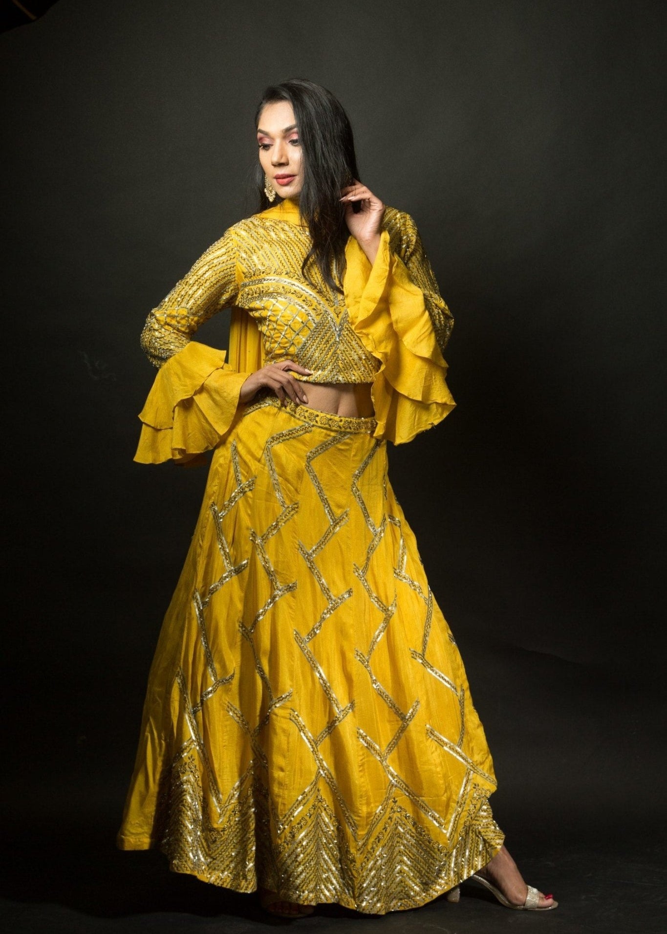 Yellow Lehenga Choli with Cut Dana Embroidery Work - Anvi Couture