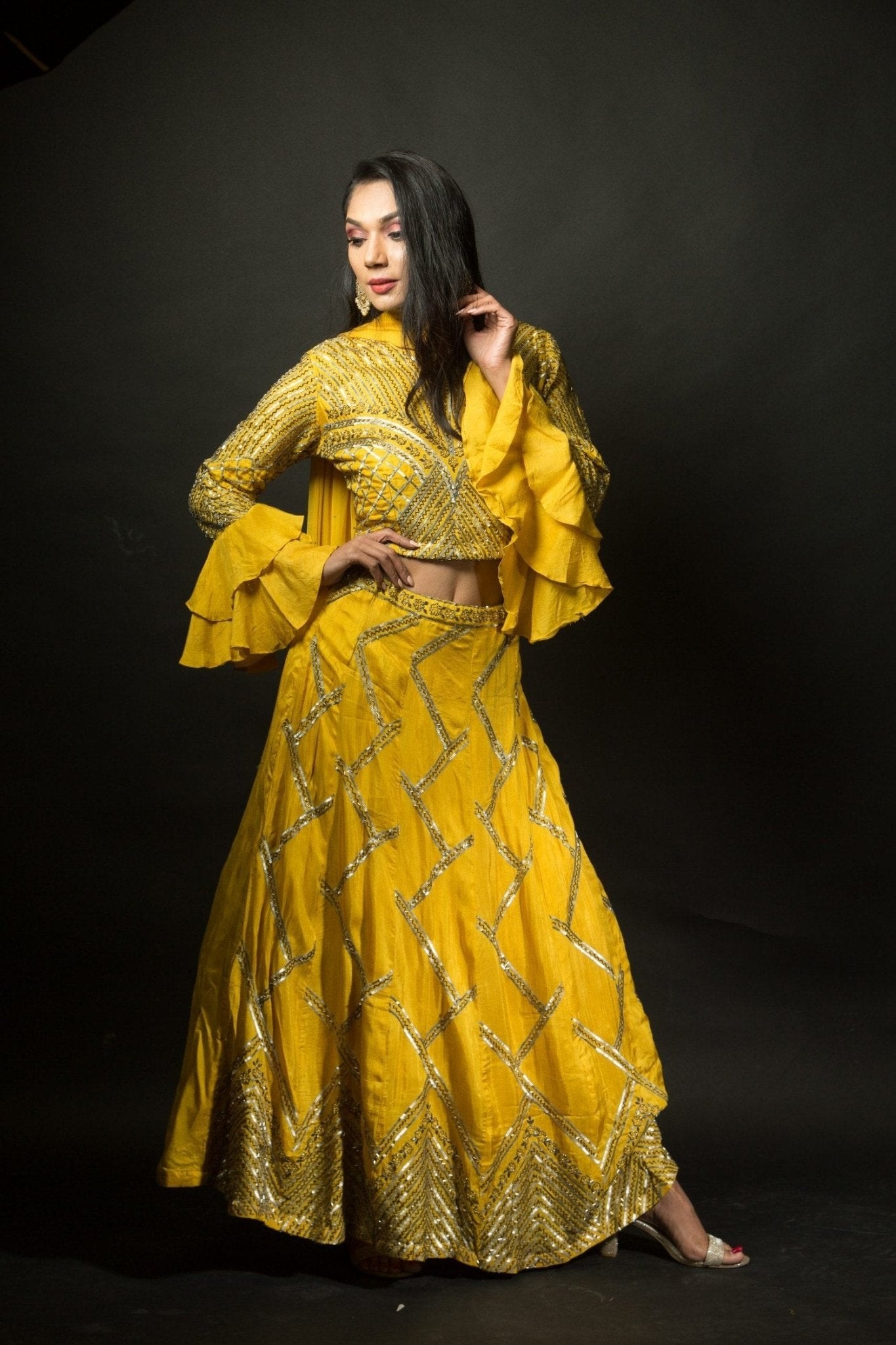 Yellow Lehenga Choli with Cut Dana Embroidery Work - Anvi Couture