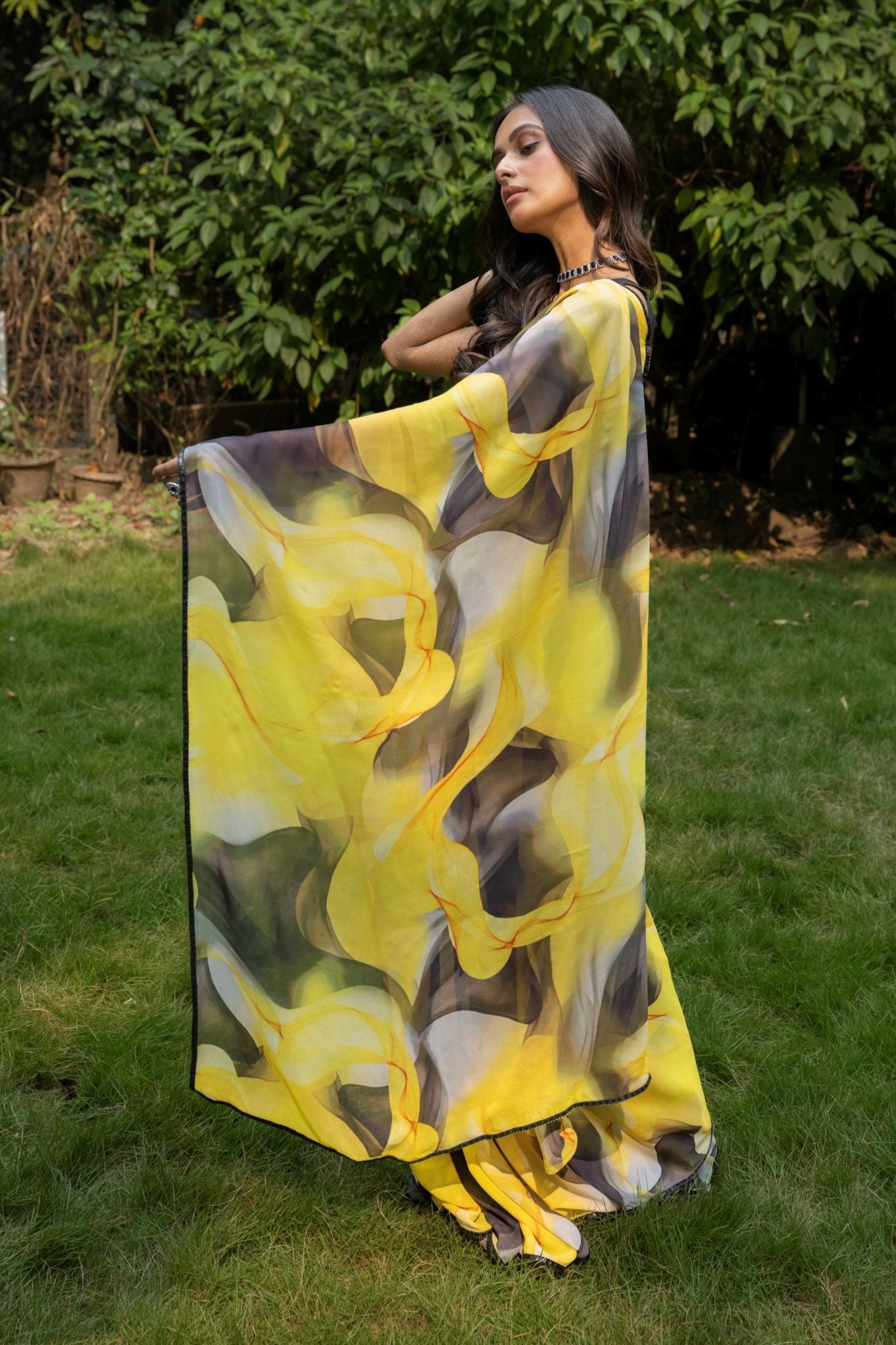 Yellow Abstract Printed Georgette Saree - Anvi Couture