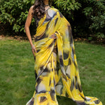 Yellow Abstract Printed Georgette Saree - Anvi Couture