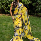 Yellow Abstract Printed Georgette Saree - Anvi Couture