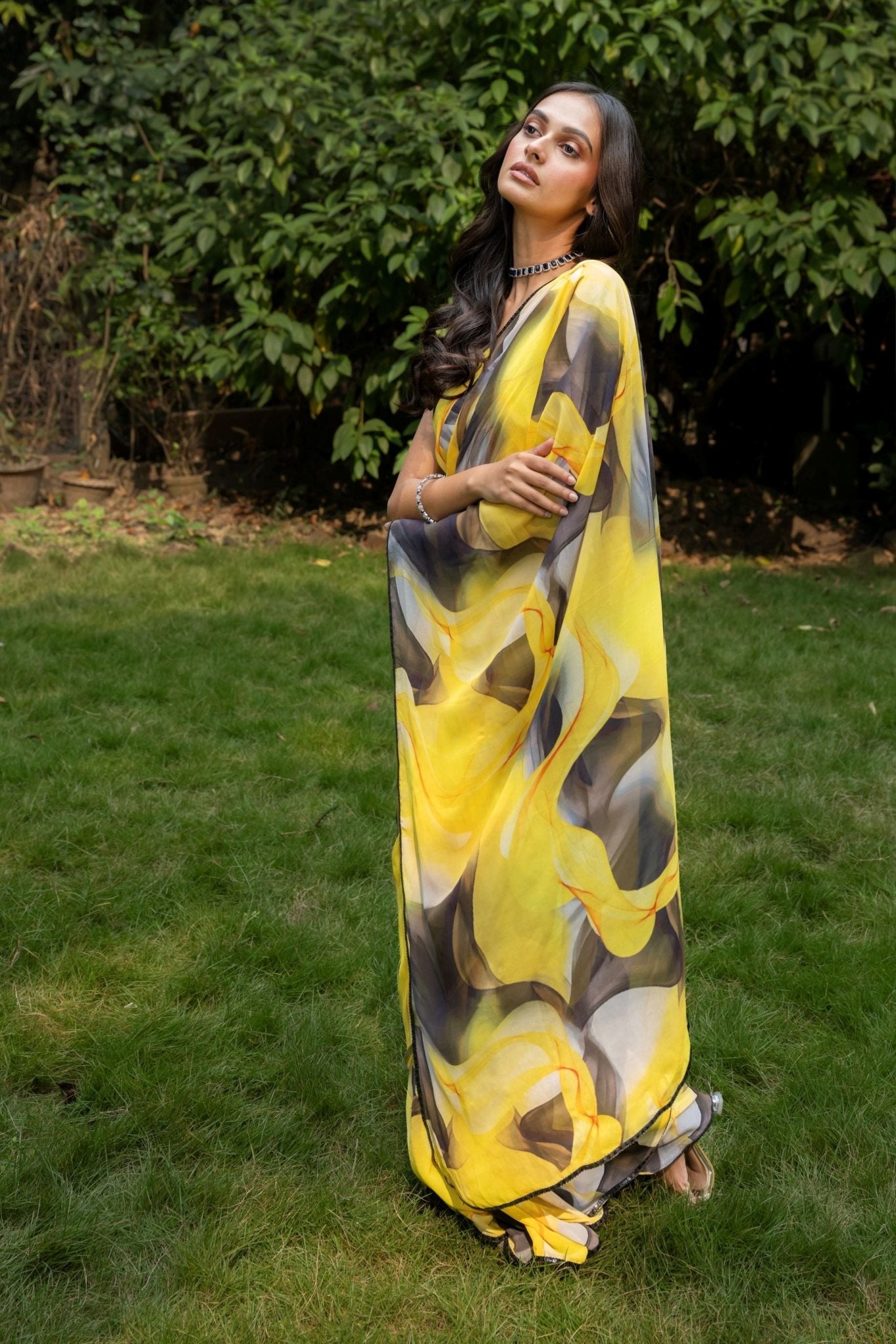 Yellow Abstract Printed Georgette Saree - Anvi Couture