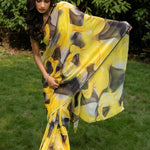 Yellow Abstract Printed Georgette Saree - Anvi Couture