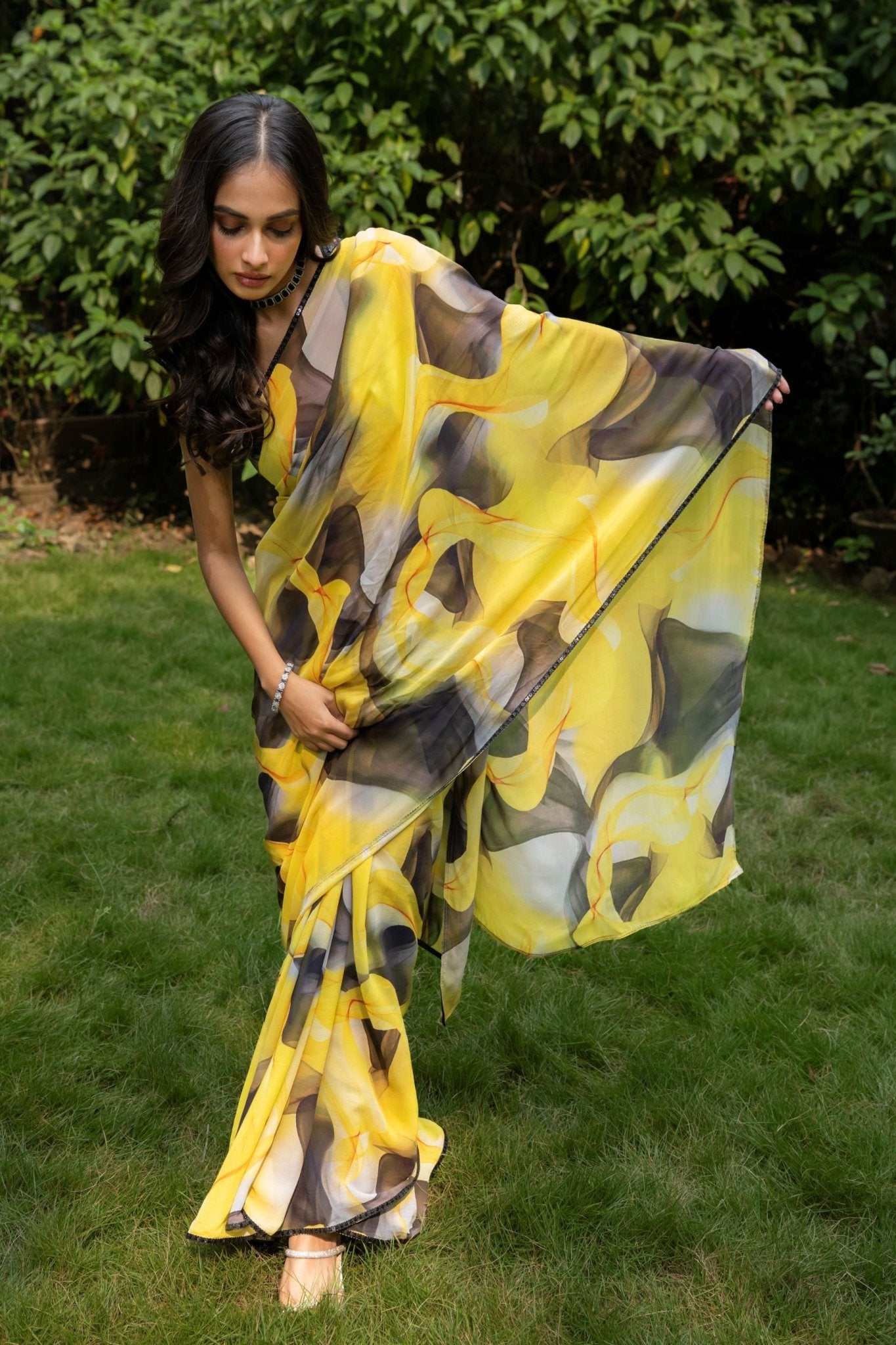 Yellow Abstract Printed Georgette Saree - Anvi Couture