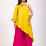 Yellow And Pink One Shoulder Cord Set with Embroidered Work - Anvi Couture