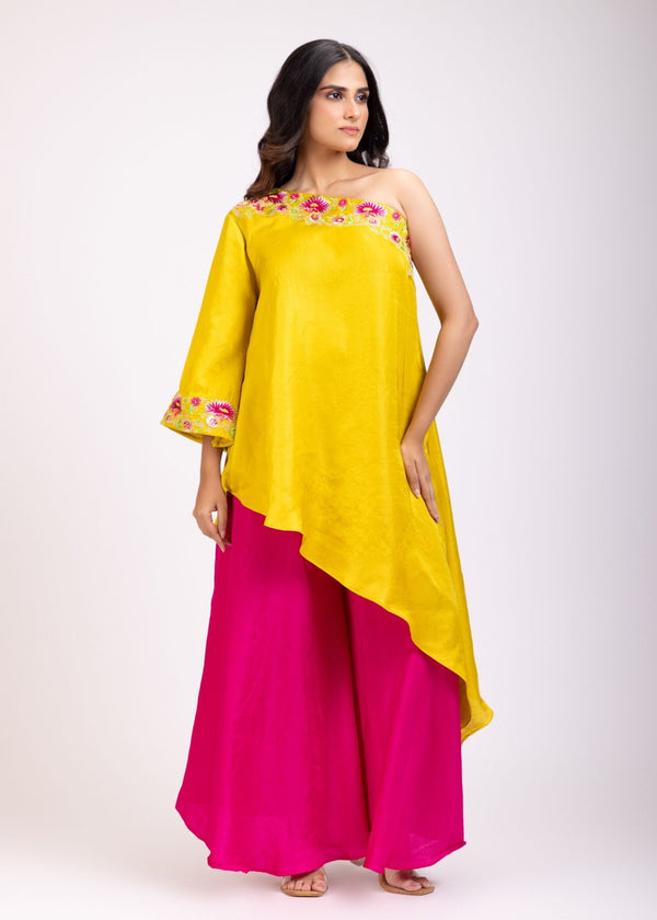 Yellow And Pink One Shoulder Cord Set with Embroidered Work - Anvi Couture