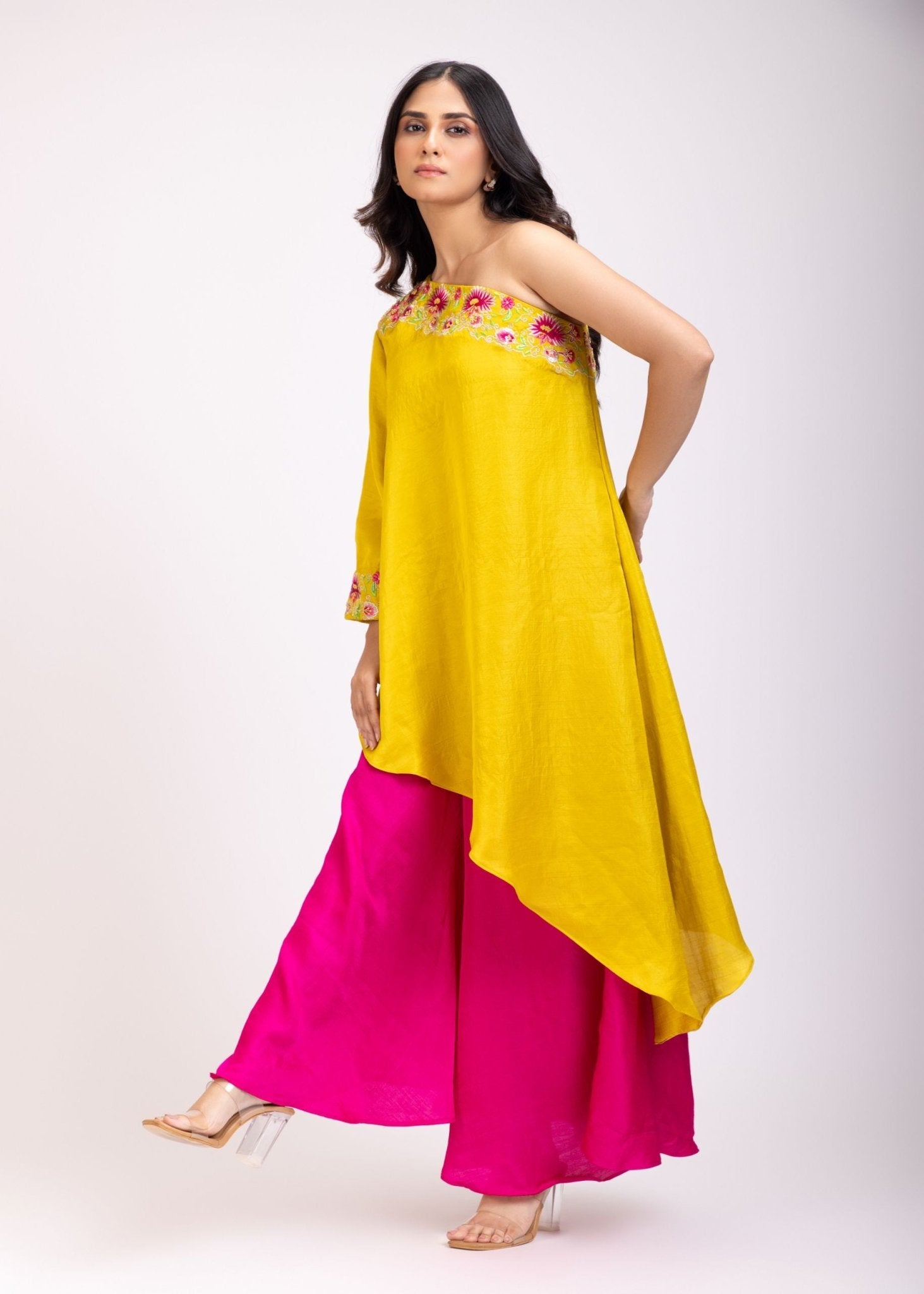 Yellow And Pink One Shoulder Cord Set with Embroidered Work - Anvi Couture