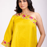 Yellow And Pink One Shoulder Cord Set with Embroidered Work - Anvi Couture