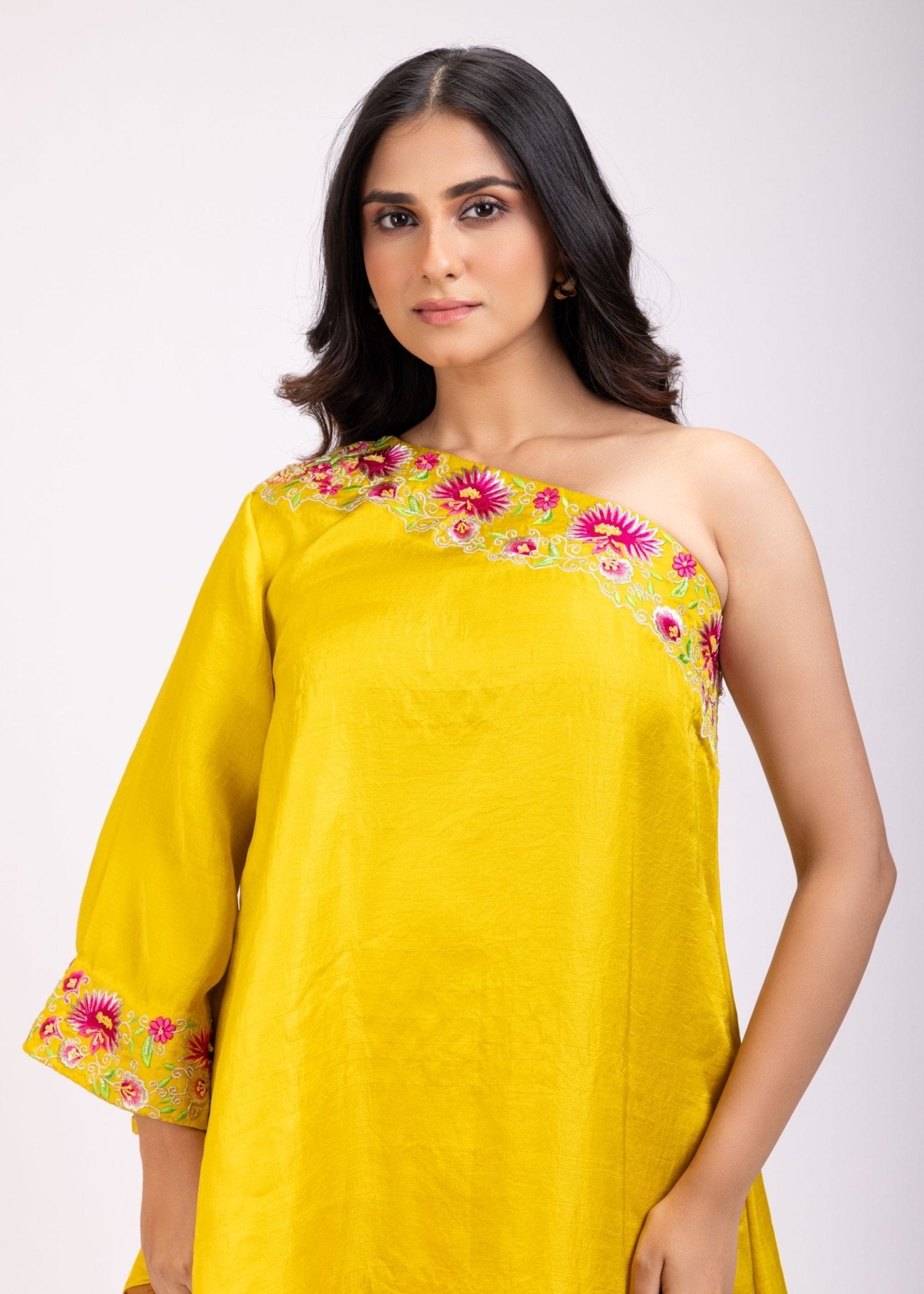 Yellow And Pink One Shoulder Cord Set with Embroidered Work - Anvi Couture