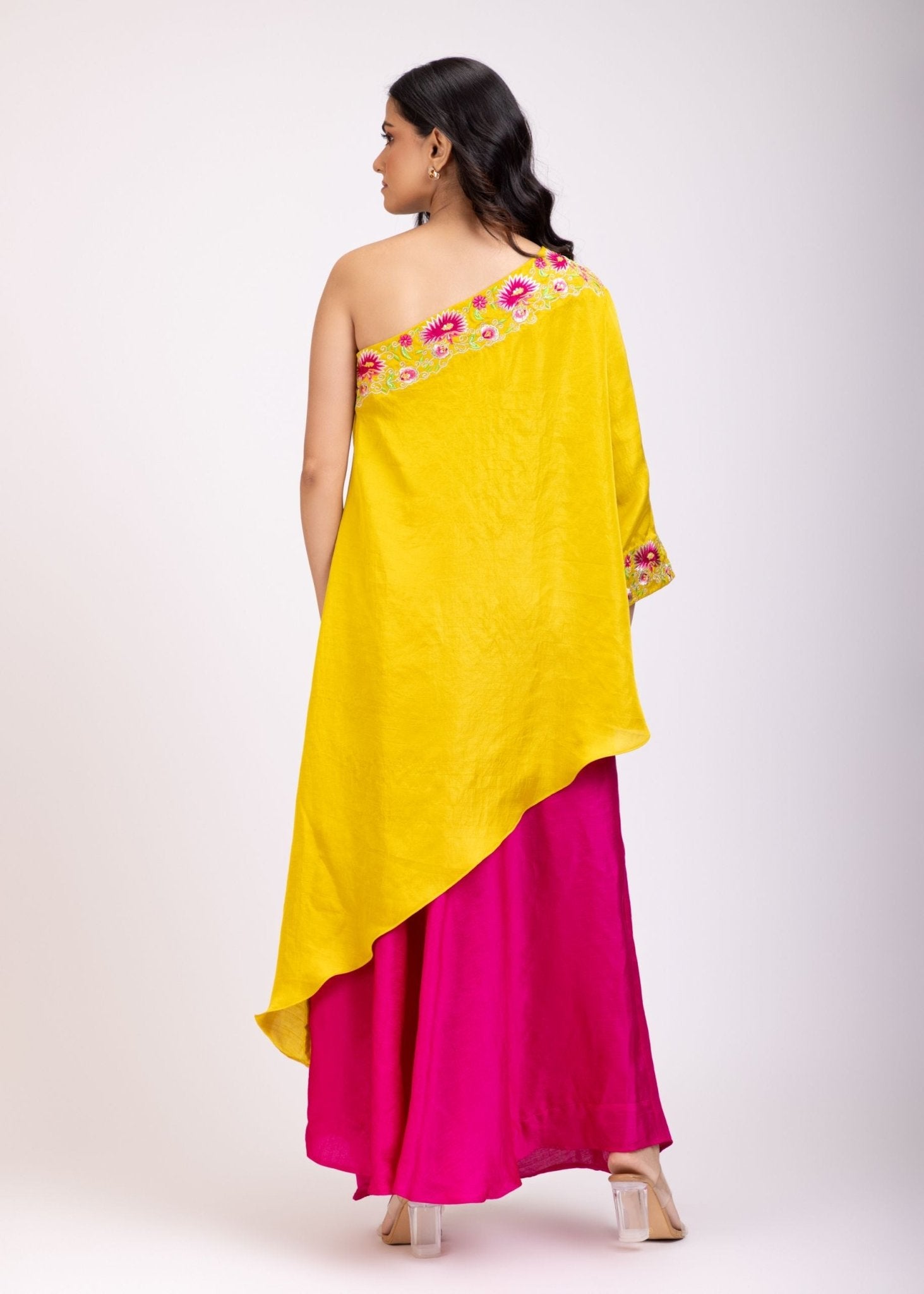 Yellow And Pink One Shoulder Cord Set with Embroidered Work - Anvi Couture