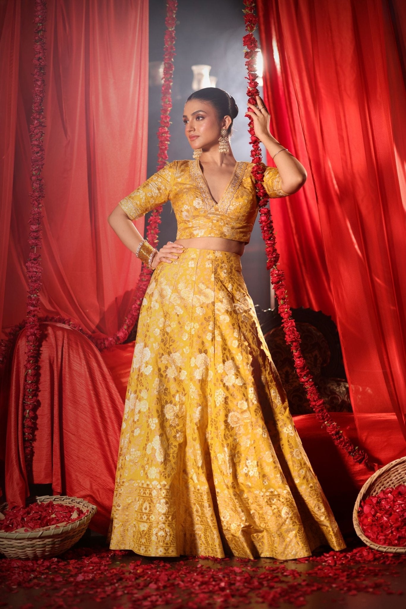 Yellow Banarasi Lehenga Set - Anvi Couture - Image 2