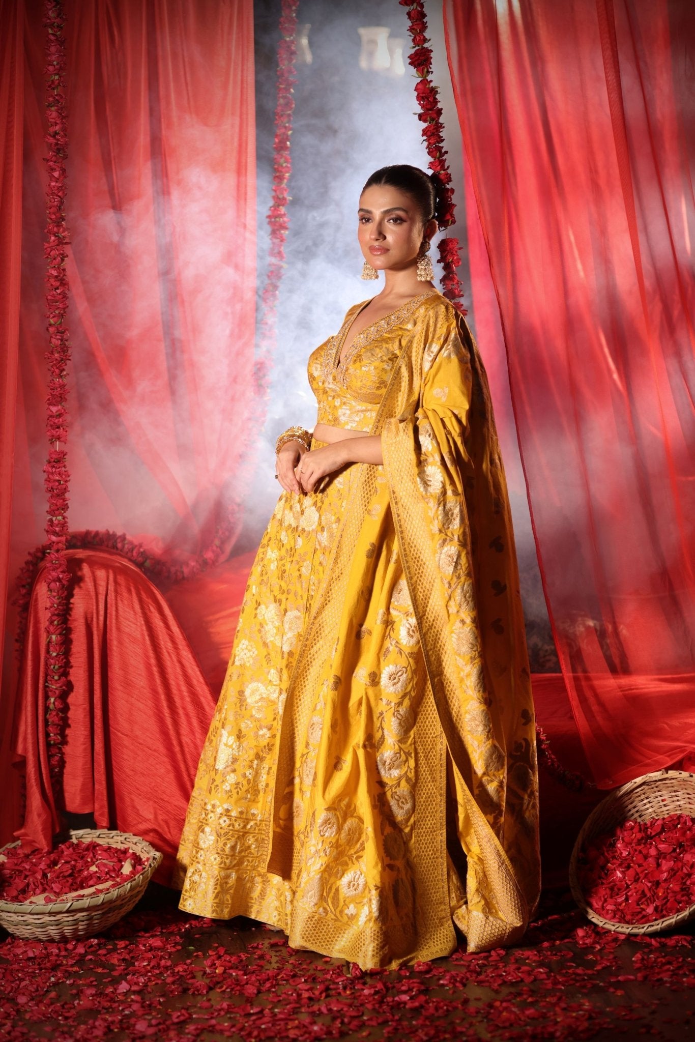 Yellow Banarasi Lehenga Set - Anvi Couture - Image 3
