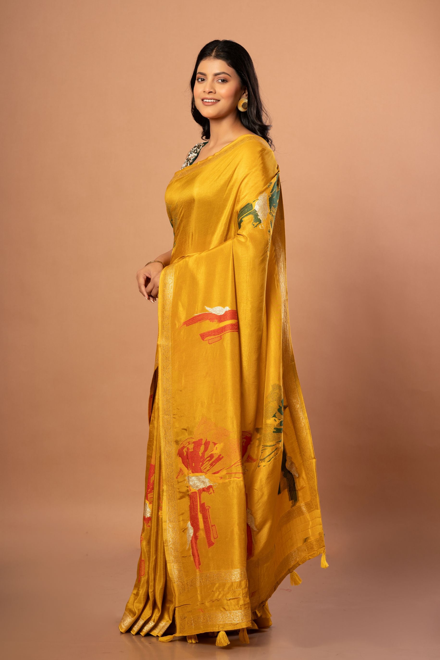 Yellow Banarasi Silk Saree with Abstract Zari Woven Front
