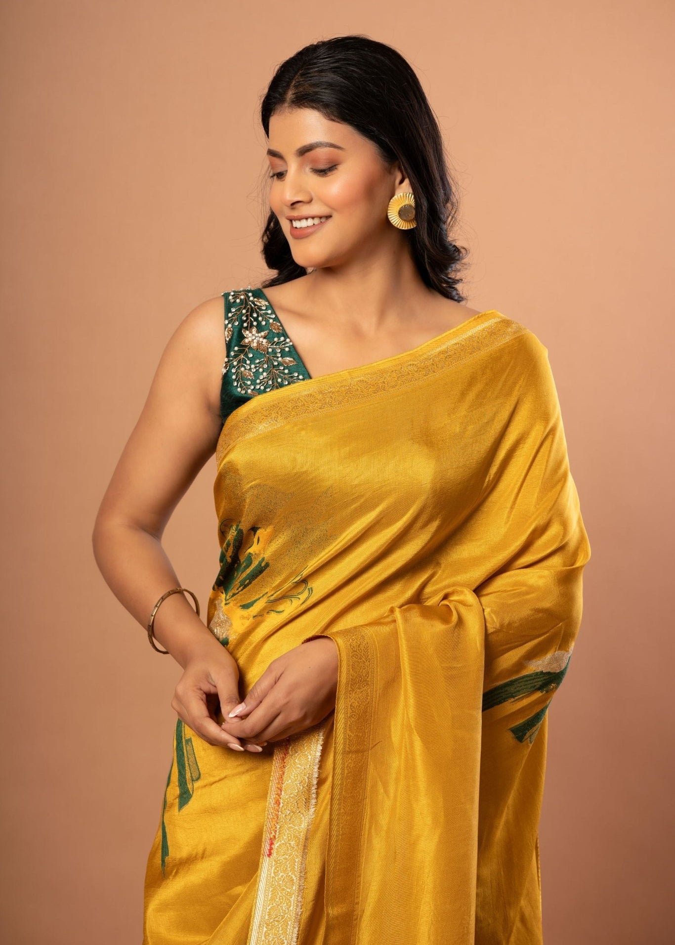 Yellow Banarasi Silk Saree with Abstract Zari Woven - Anvi Couture