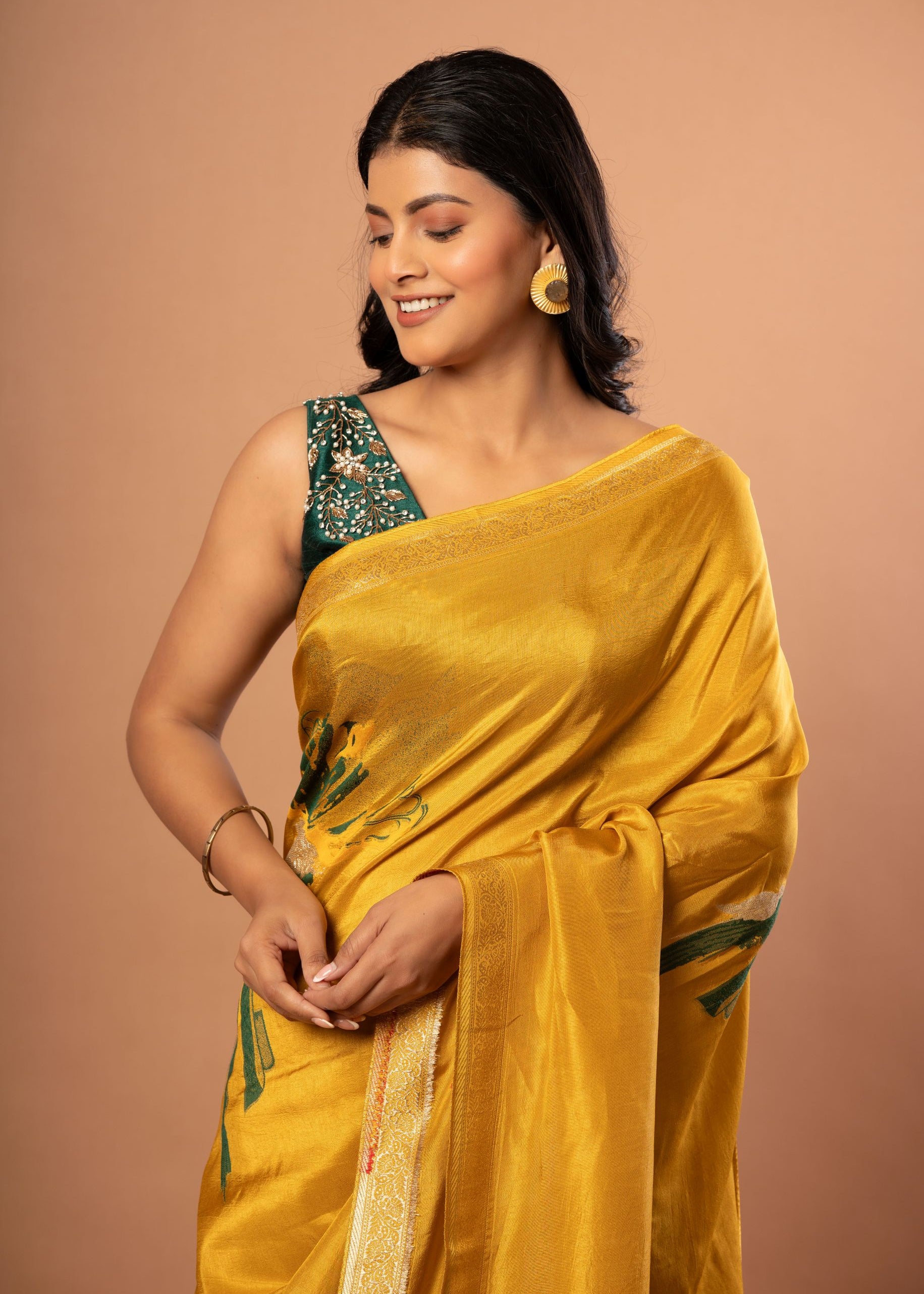 Yellow Banarasi Silk Saree with Abstract Zari Woven Close Up
