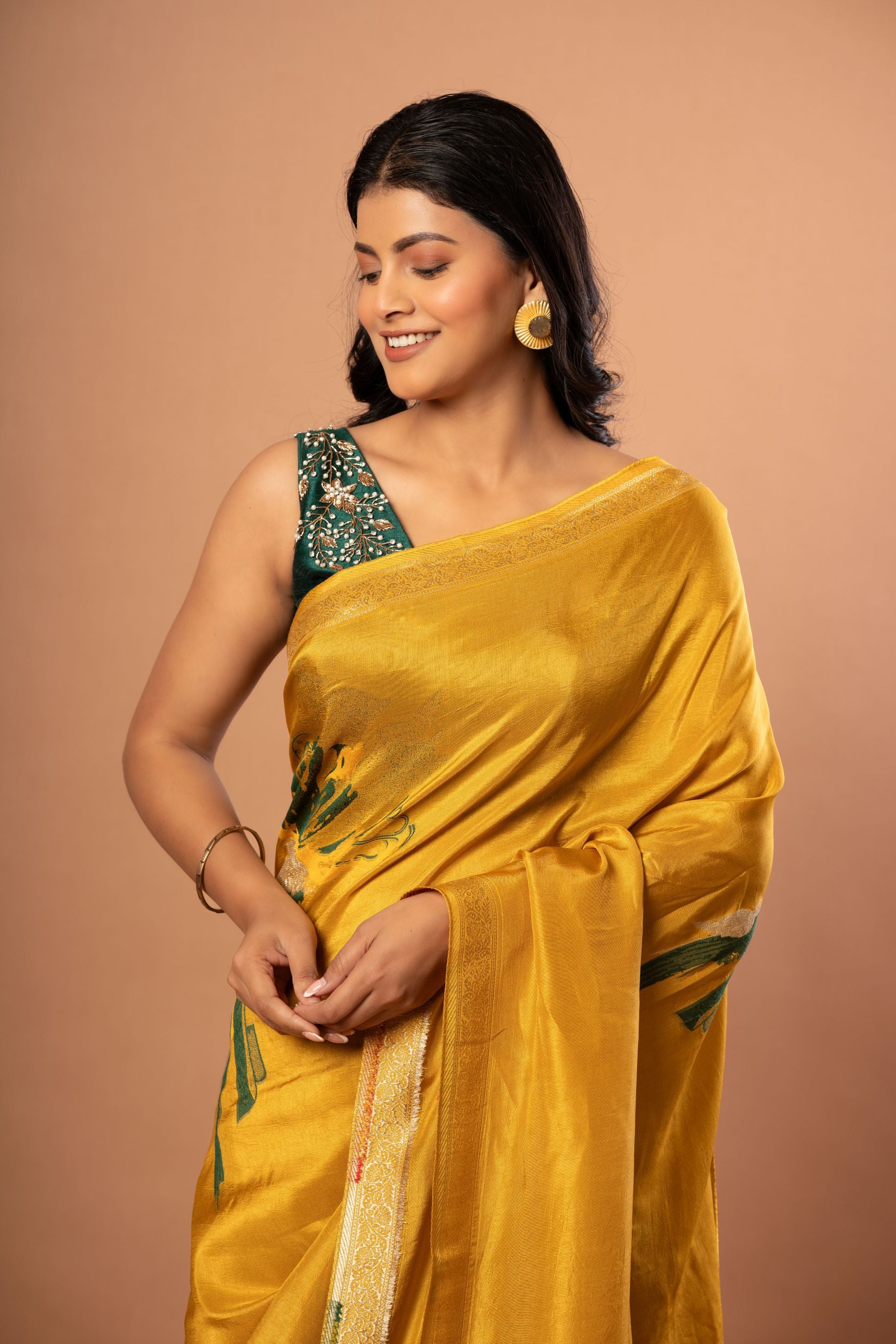 Yellow Banarasi Silk Saree with Abstract Zari Woven Close Up
