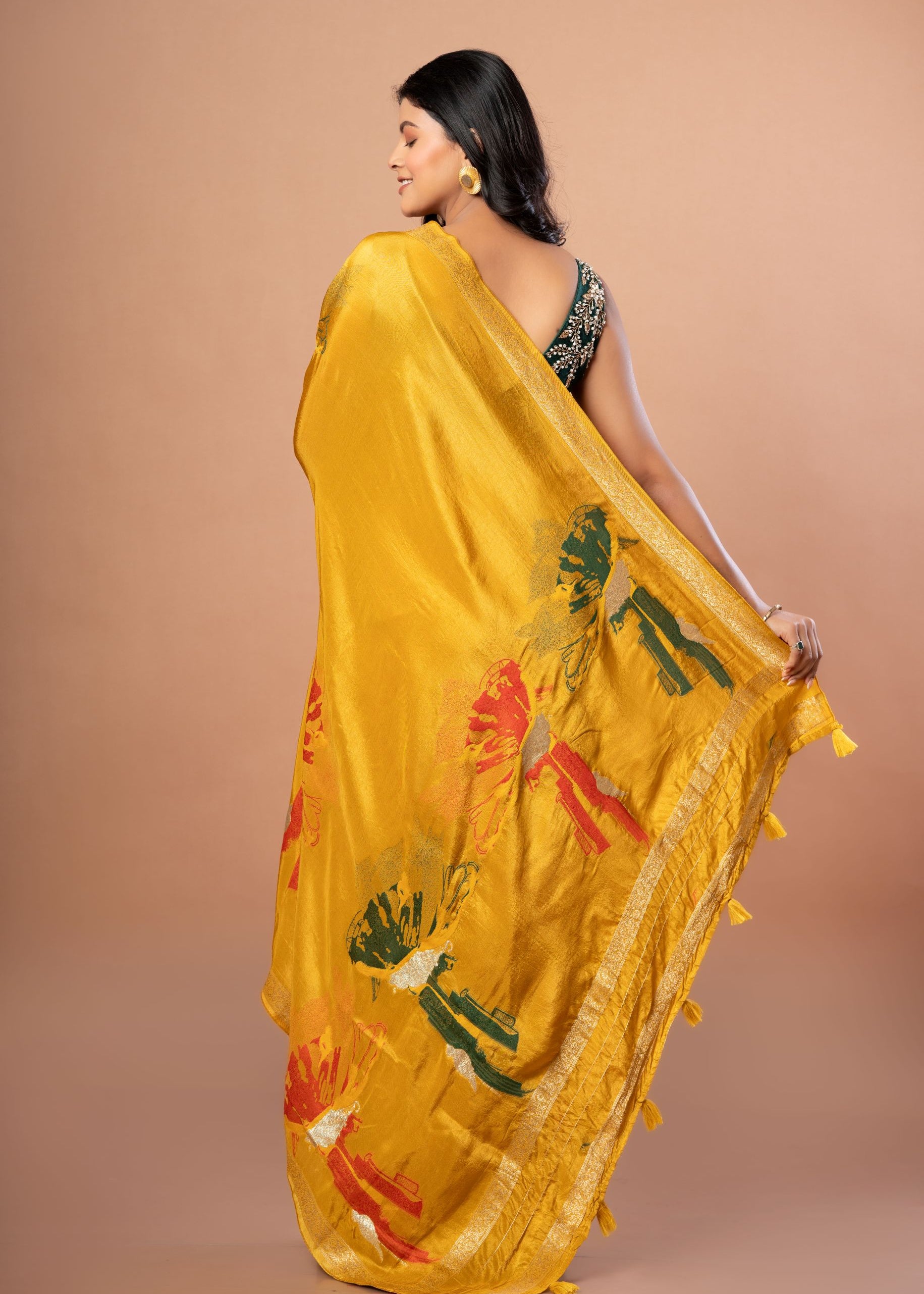 Yellow Banarasi Silk Saree with Abstract Zari Woven Back
